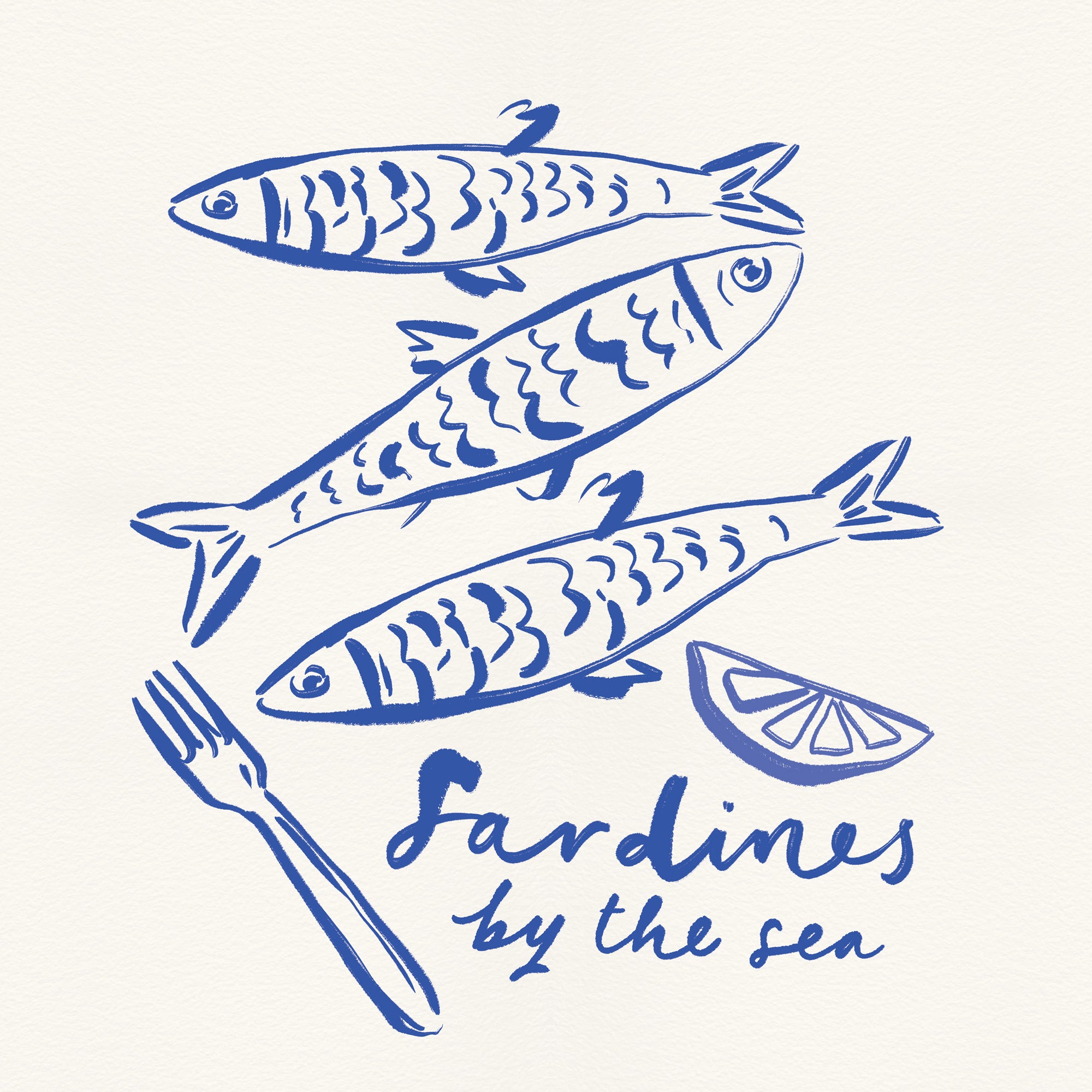 Blue ink illustration of three sardines, a lemon wedge, and a fork with the text Sardines by the Sea on cream paper.