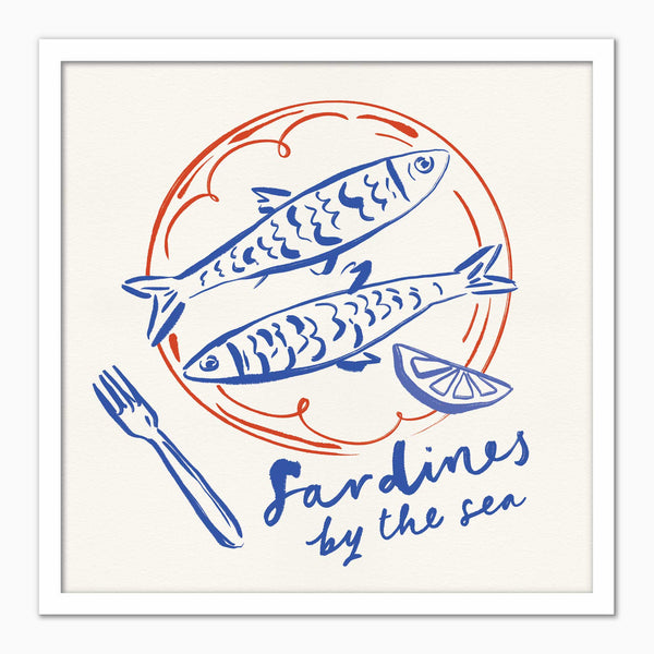 Sardines On A Plate framed print featuring blue line-art fish, a lemon wedge, and a fork on an orange plate.