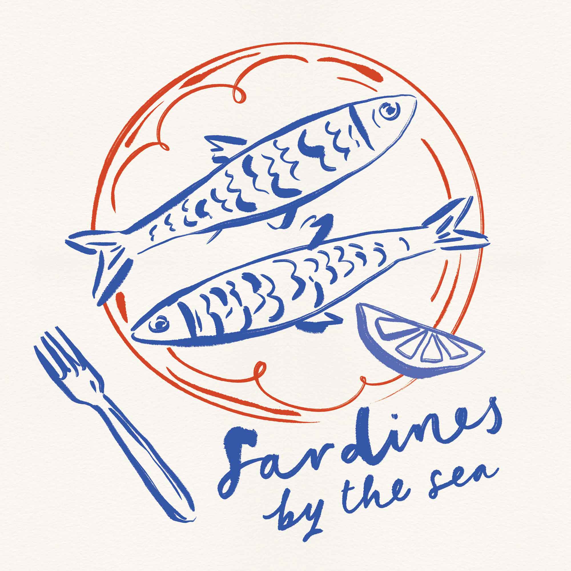 Blue line art illustration of two sardines on an orange plate with a fork, lemon wedge, and Sardines by the sea text.