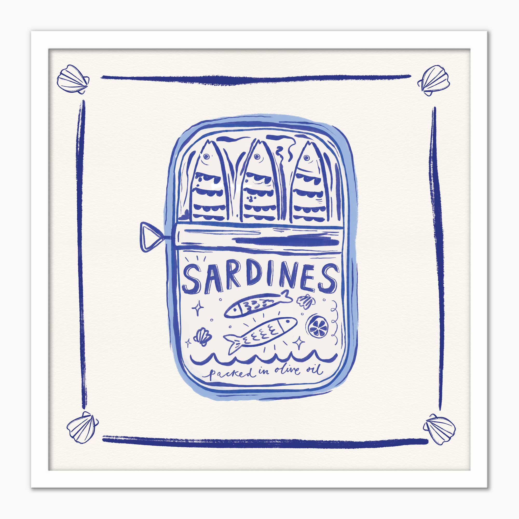 Sardines & Shells framed print featuring a blue ink illustration of a sardine tin on a cream background.