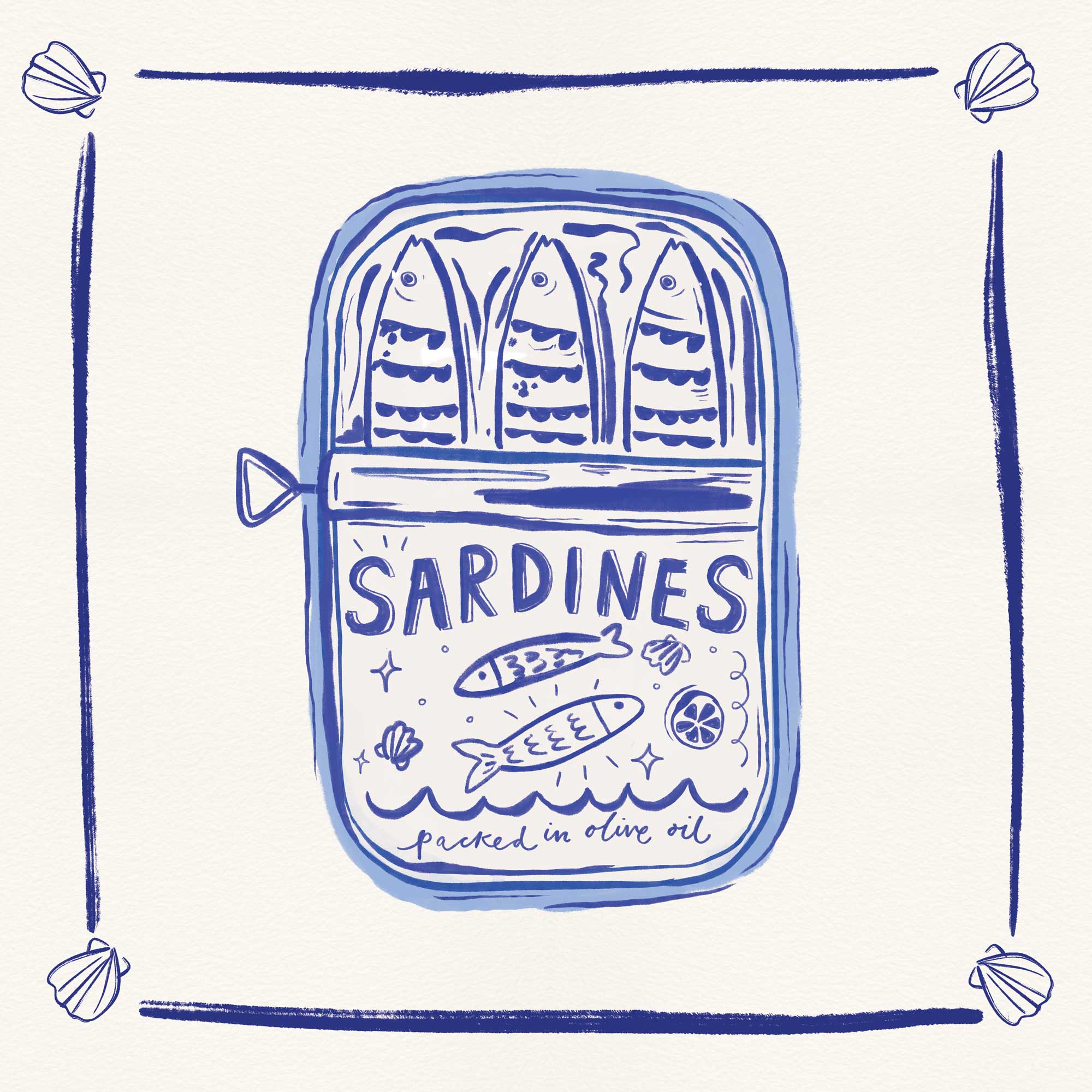 Blue and white line art illustration of a sardine tin with shell motifs, framed by a hand-drawn border.