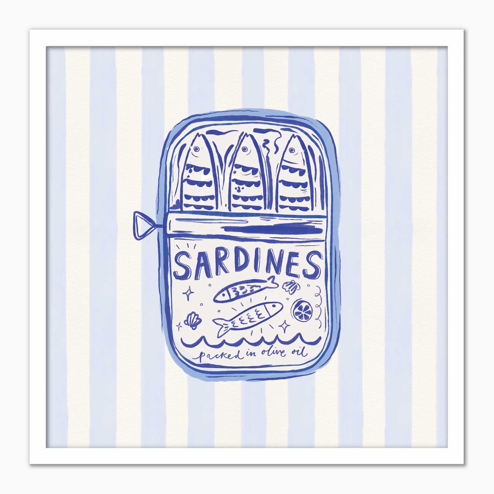 Sardines Blue Stripe framed print featuring a blue ink illustration of a sardine tin on a pale blue striped background.