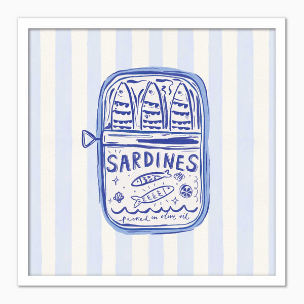 Sardines Blue Stripe framed print featuring a blue ink illustration of a sardine tin on a pale blue striped background.