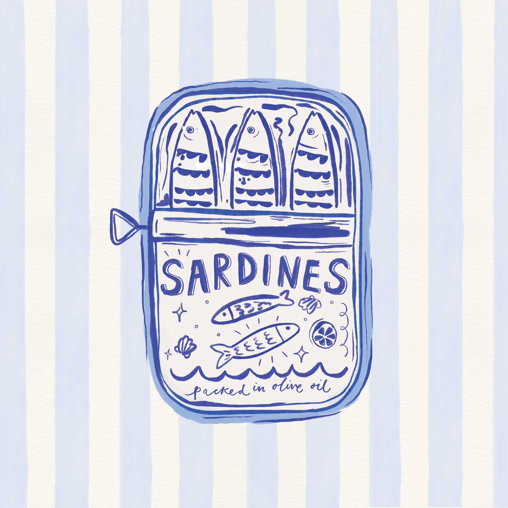 Sardines Blue Stripe framed print featuring a blue ink illustration of a sardine tin on a pale blue striped background.