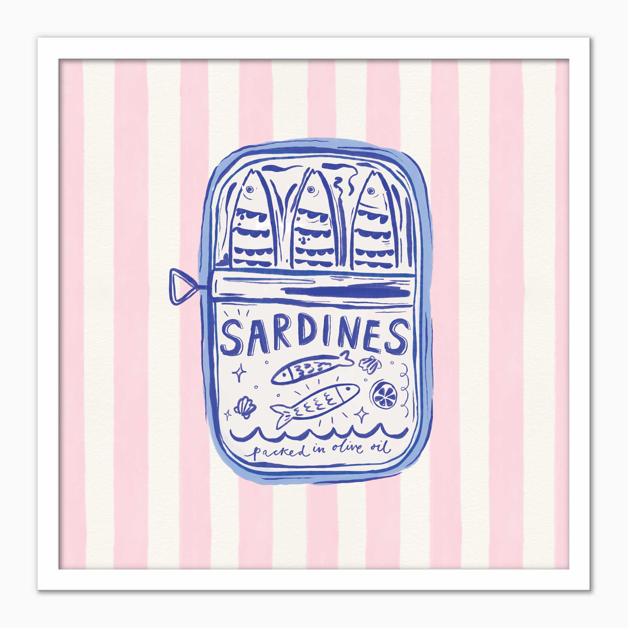 Sardines Pink Stripe framed print featuring a blue illustration of a sardine tin on a pale pink and white striped background.