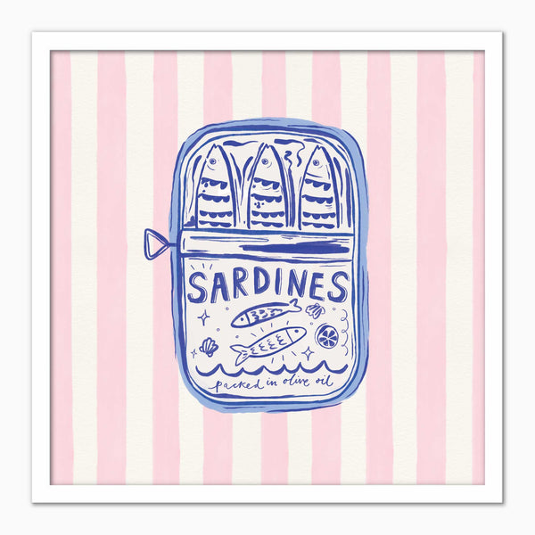 Sardines Pink Stripe framed print featuring a blue illustration of a sardine tin on a pale pink and white striped background.