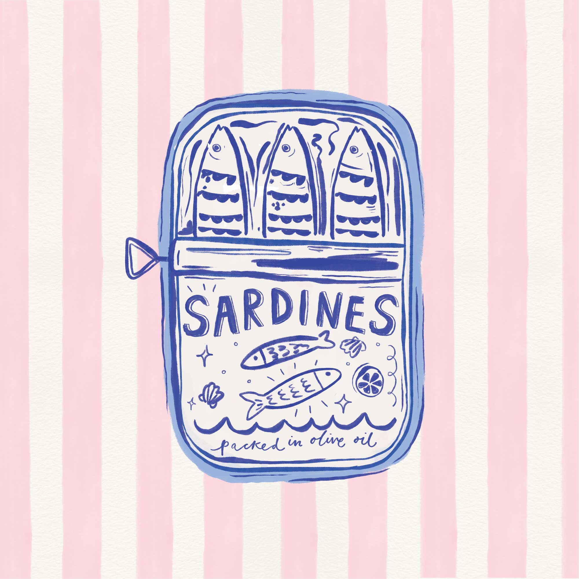 Sardines Pink Stripe Framed Print featuring a blue ink illustration of a sardine tin on a pale pink striped background.