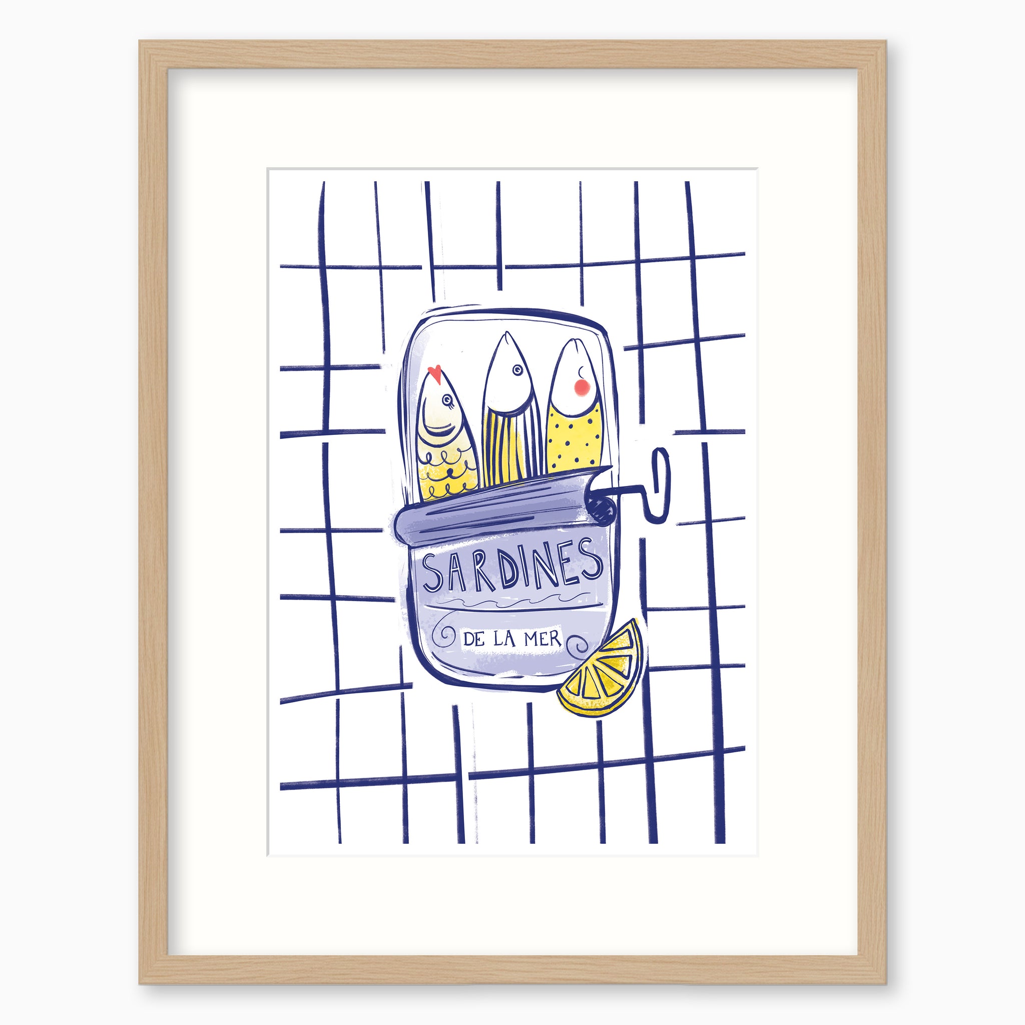 Sardines De La Mer framed print featuring a blue and yellow illustration of sardines in a tin on a blue grid background.