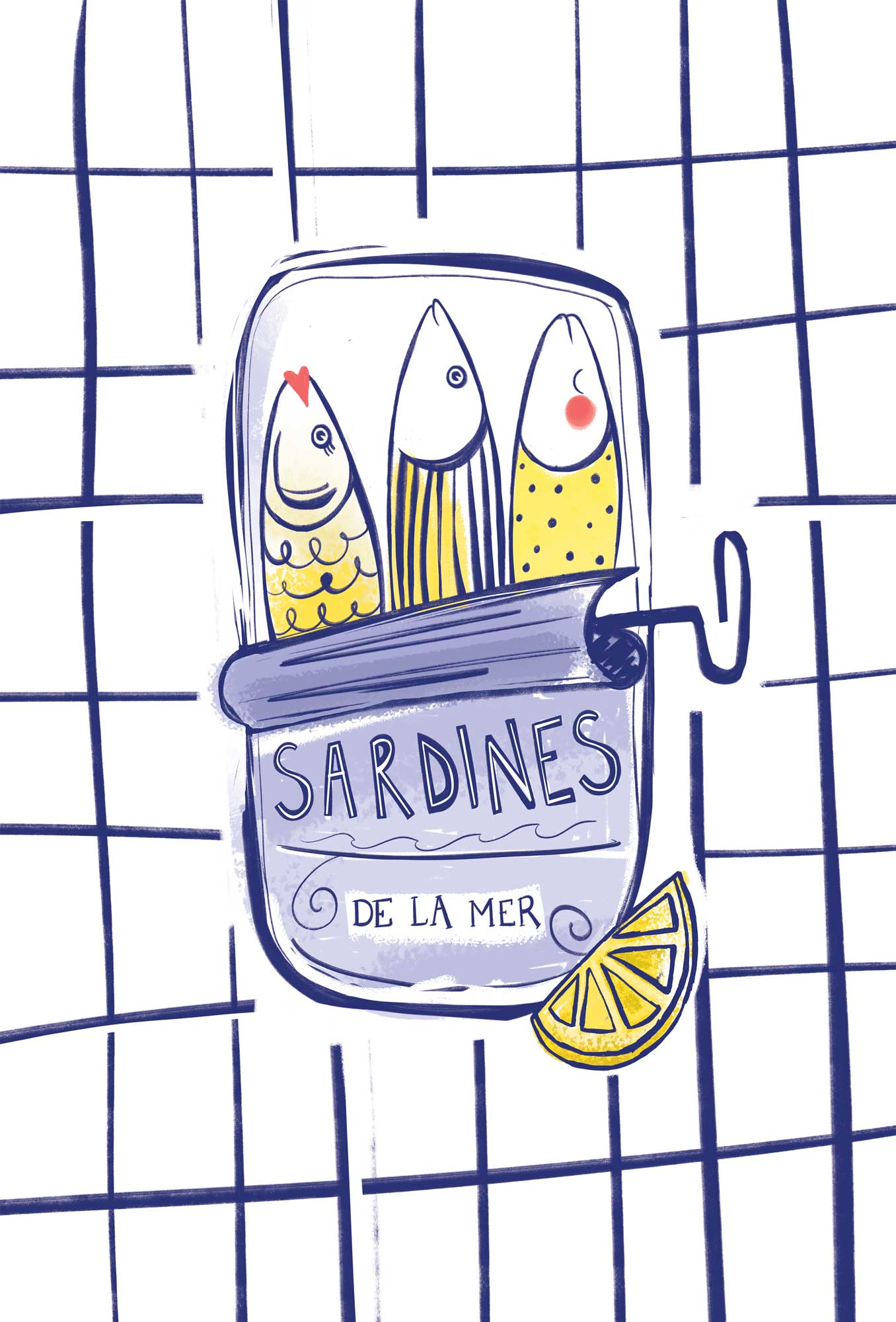 Sardines De La Mer framed print featuring three illustrated fish in a tin with a lemon slice on a blue grid background.
