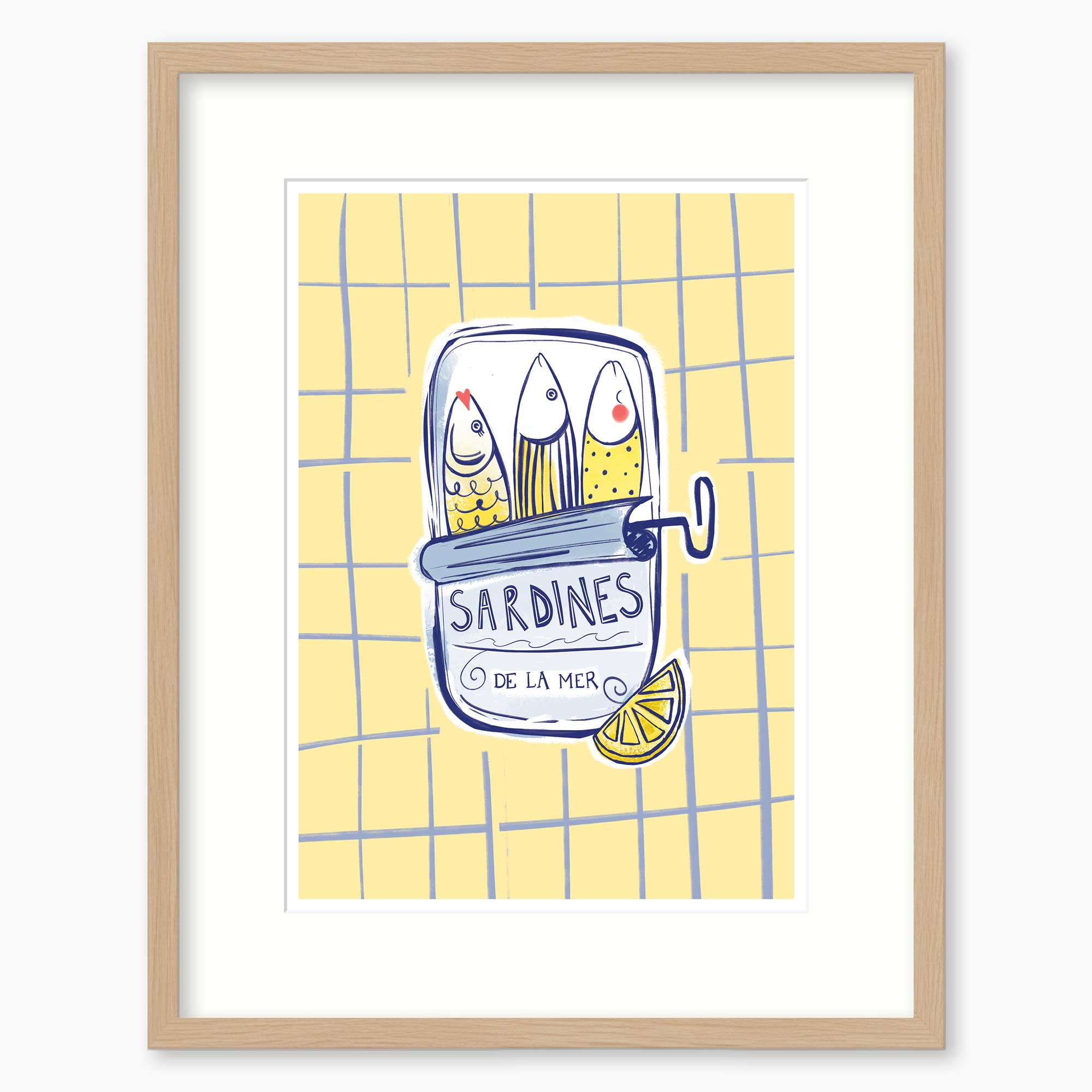 Sunshine Sardines framed print featuring a tin of three yellow fish on a yellow grid background with a lemon slice.