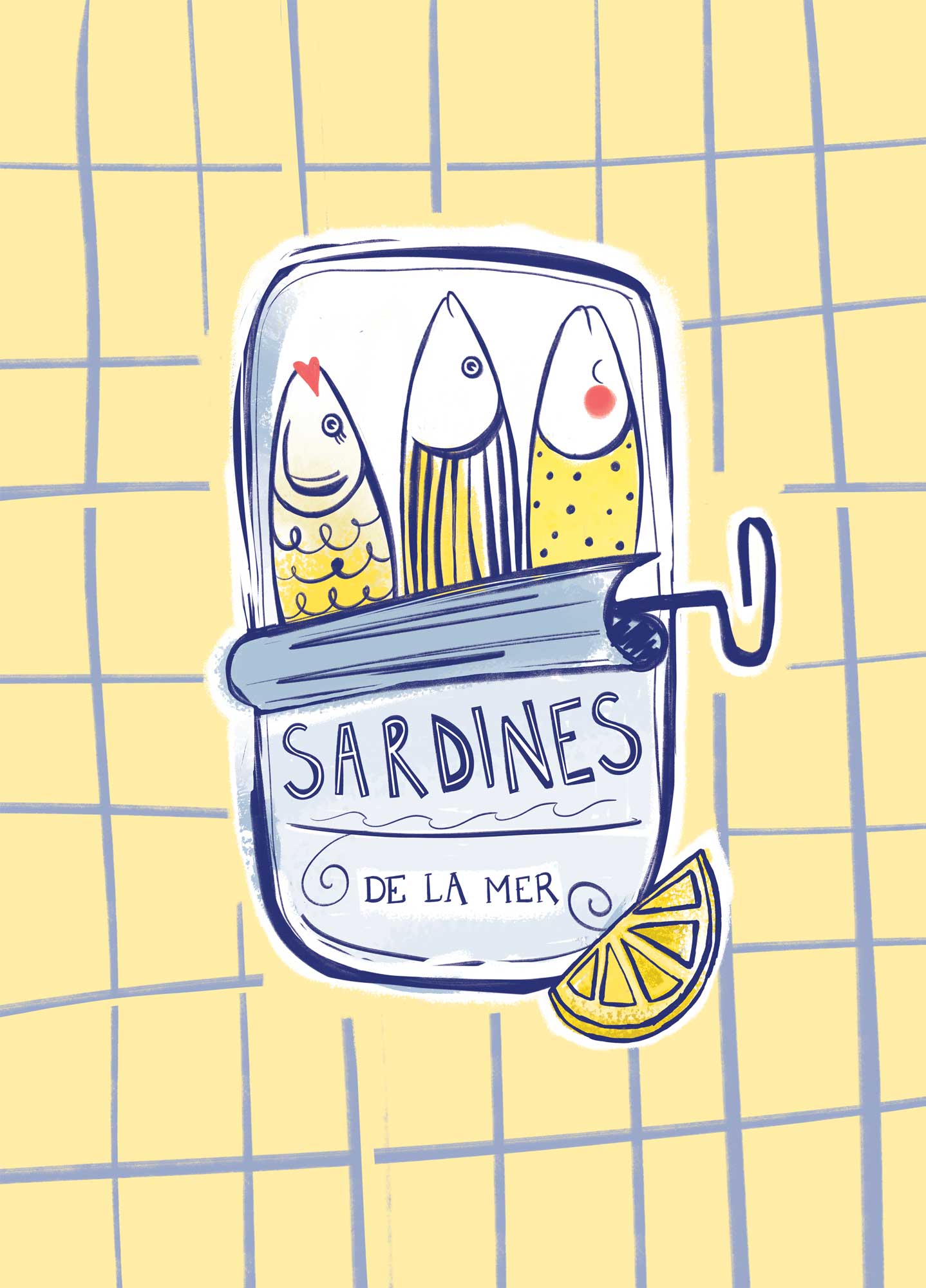 Sunshine Sardines framed print featuring three colourful fish in a tin on a pale yellow grid background with a lemon slice.