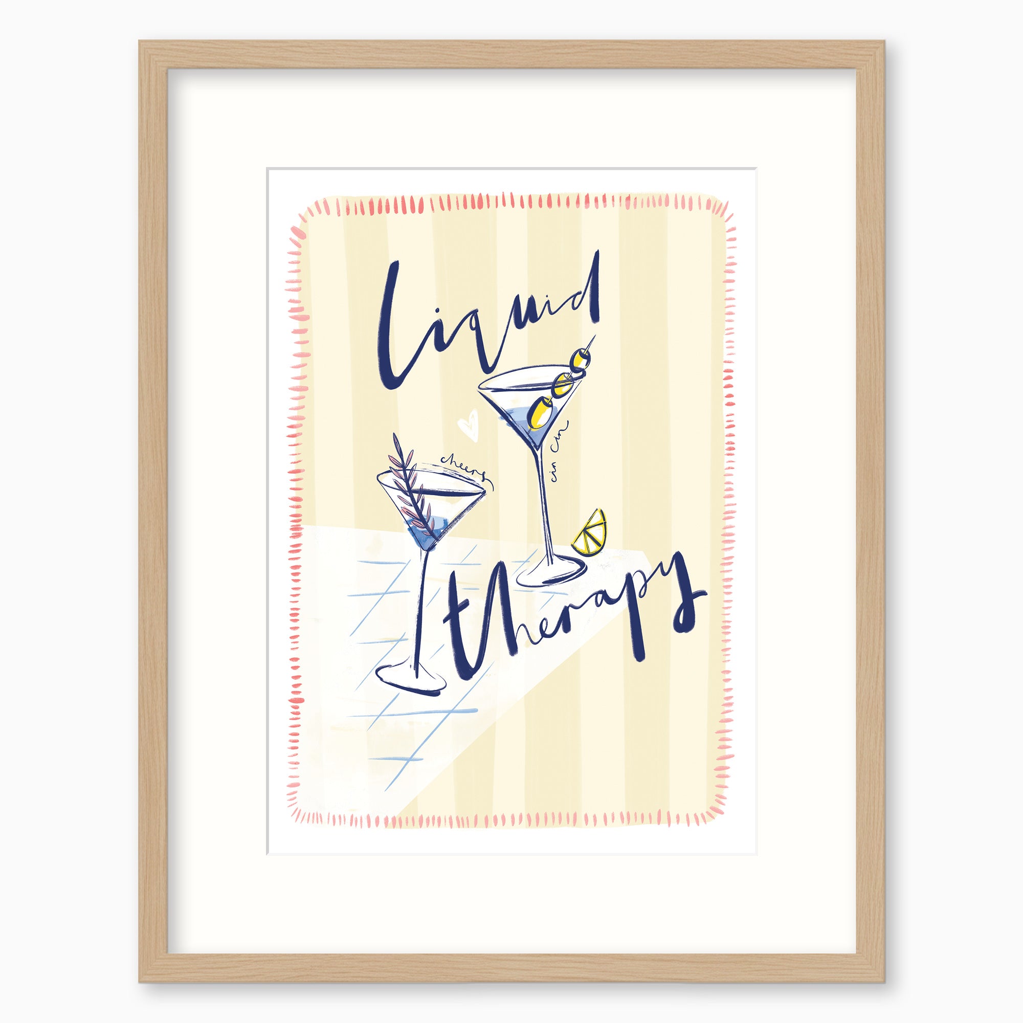 Liquid Therapy framed print featuring two martini glasses on a pale yellow striped background in a light wood frame.