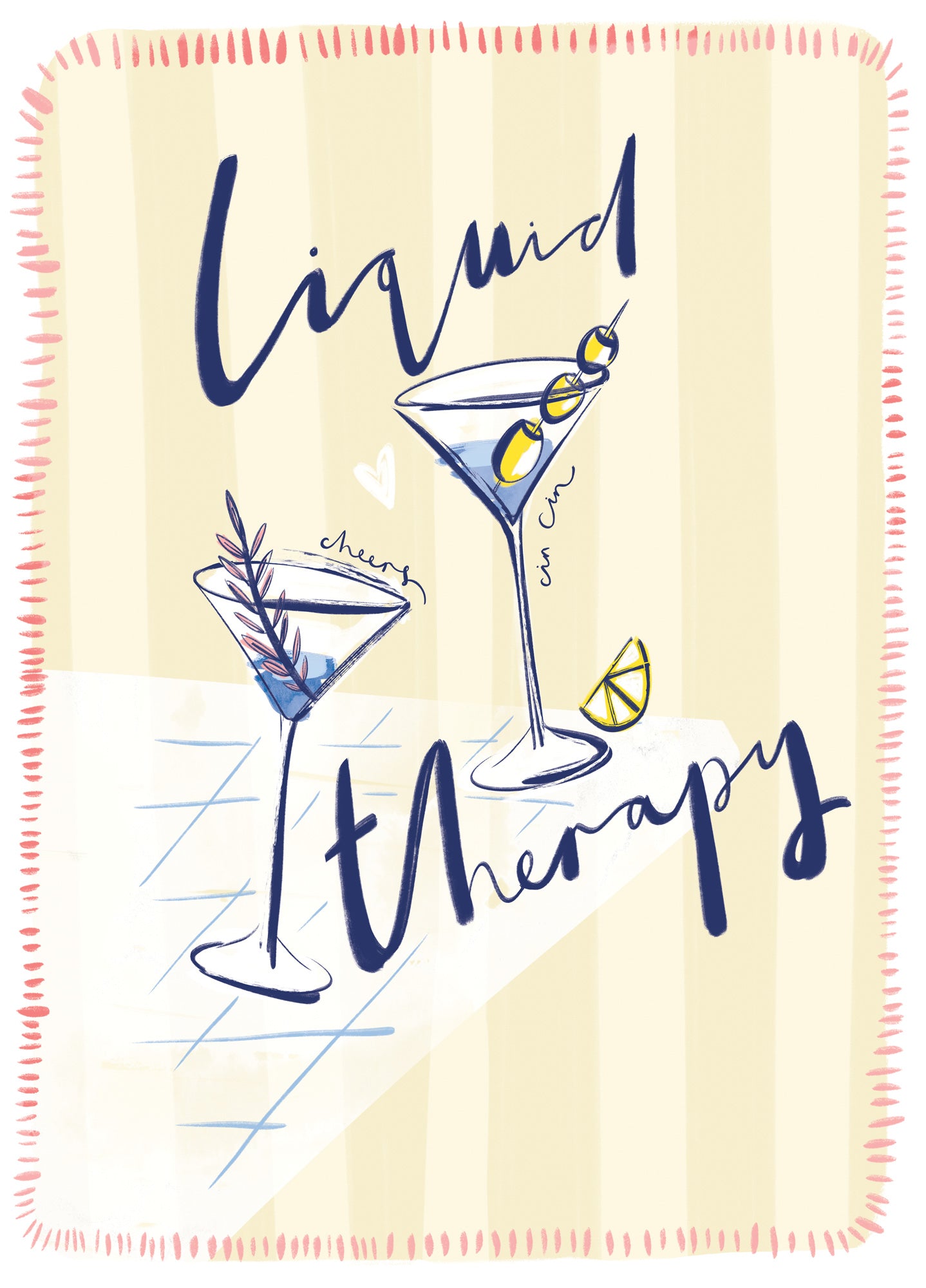 Liquid Therapy framed print featuring two martini glasses, olives, and a lemon slice on a striped yellow background.