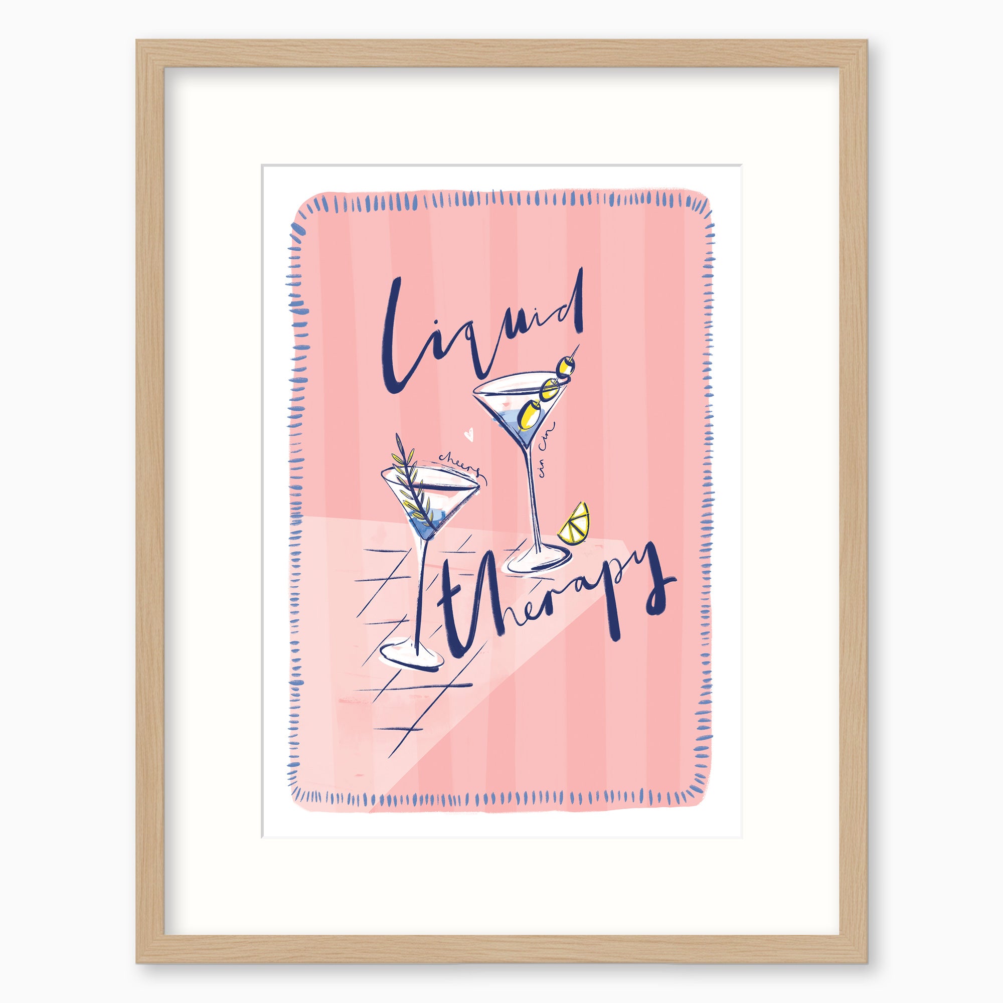 Liquid Therapy pink framed print featuring two martini glasses and blue text on a striped pink background.