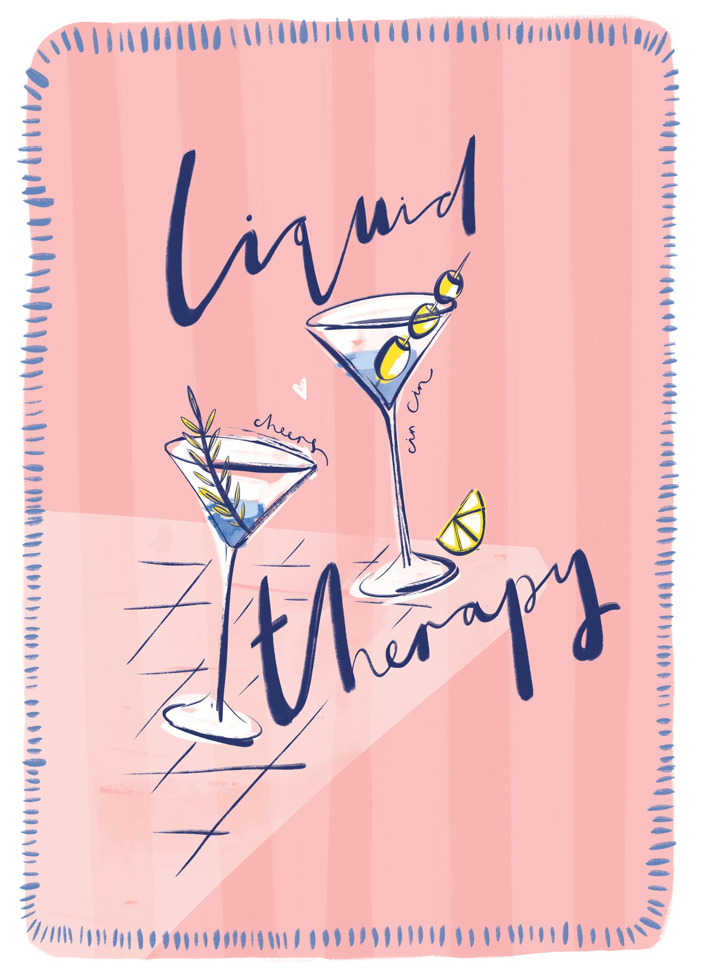 Liquid Therapy framed print featuring two martini glasses on a pink striped background with navy blue hand-lettered text.