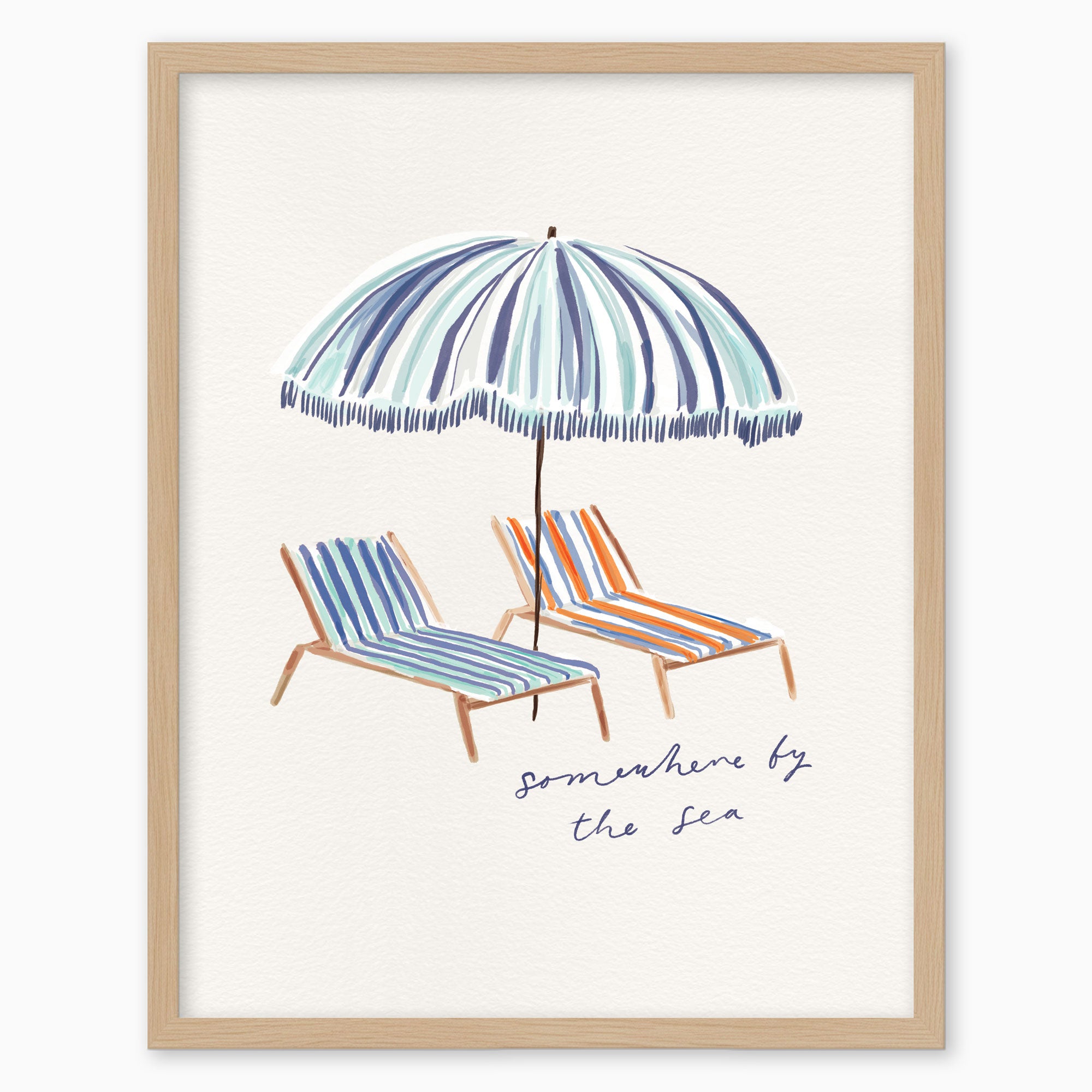 Somewhere by the Sea framed print featuring a blue striped parasol and two colourful deckchairs on a white background.