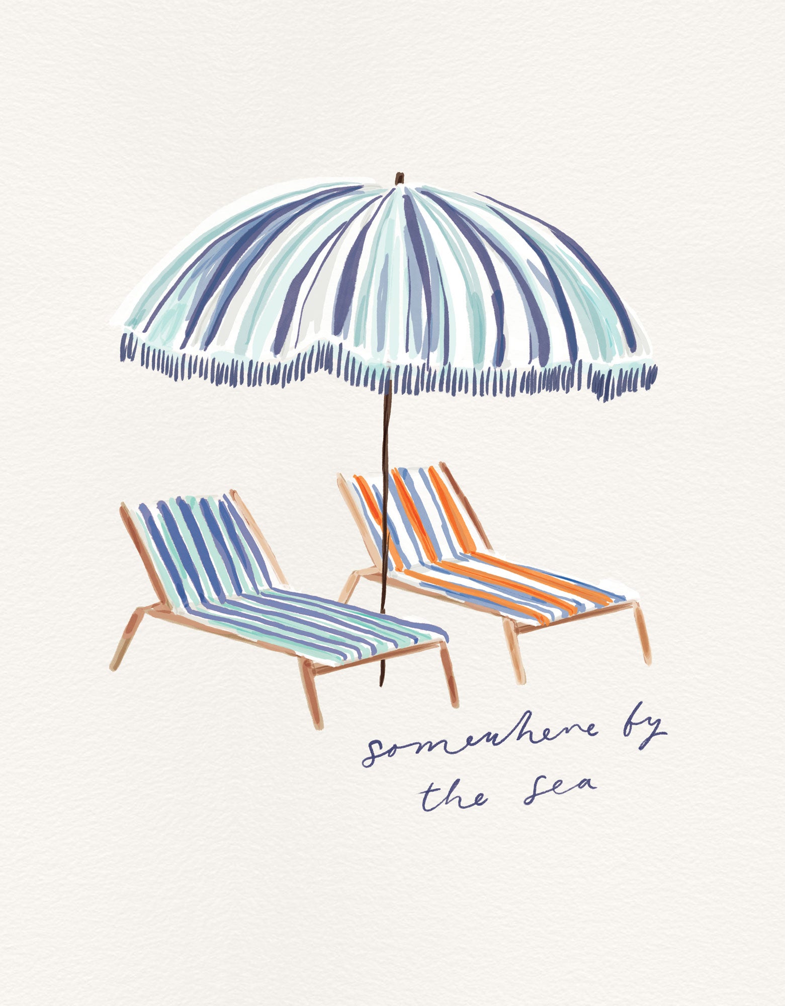 Somewhere by the Sea framed print featuring a blue striped parasol and two colourful deckchairs on a cream background.