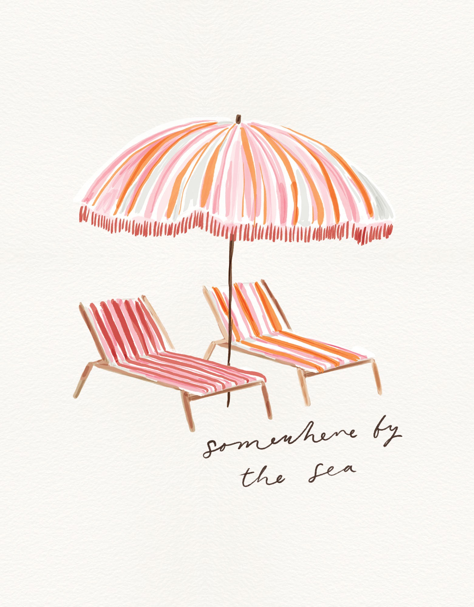 Somewhere by the Sea framed print featuring a pink and orange striped beach umbrella over two matching deckchairs.