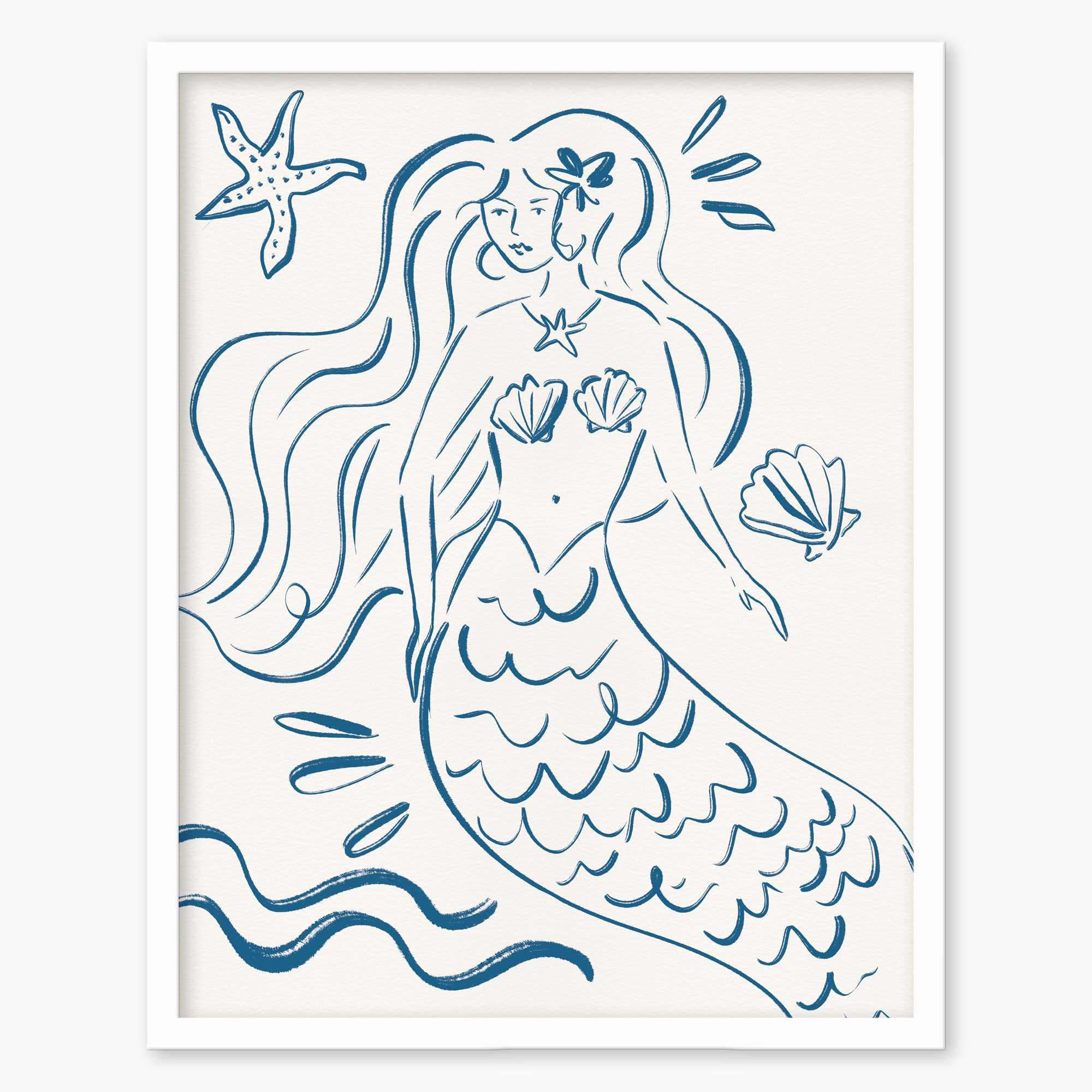 Coastal Siren framed print featuring a blue line-art illustration of a mermaid with a starfish and seashells on white.
