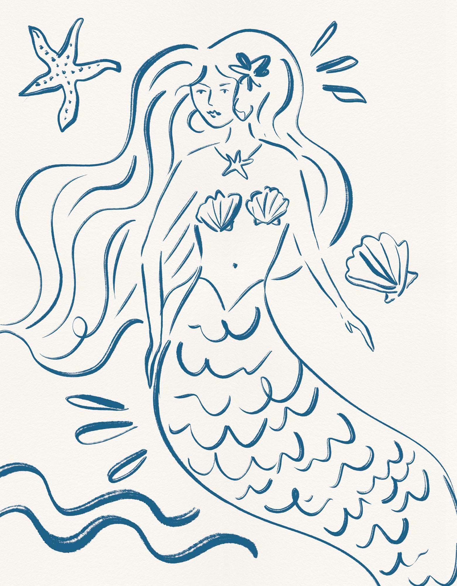 Coastal Siren framed print featuring a blue line-art illustration of a mermaid with seashells and a starfish.