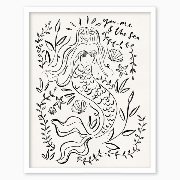 You, Me & The Sea framed print featuring a black ink line drawing of a mermaid surrounded by seaweed and shells.