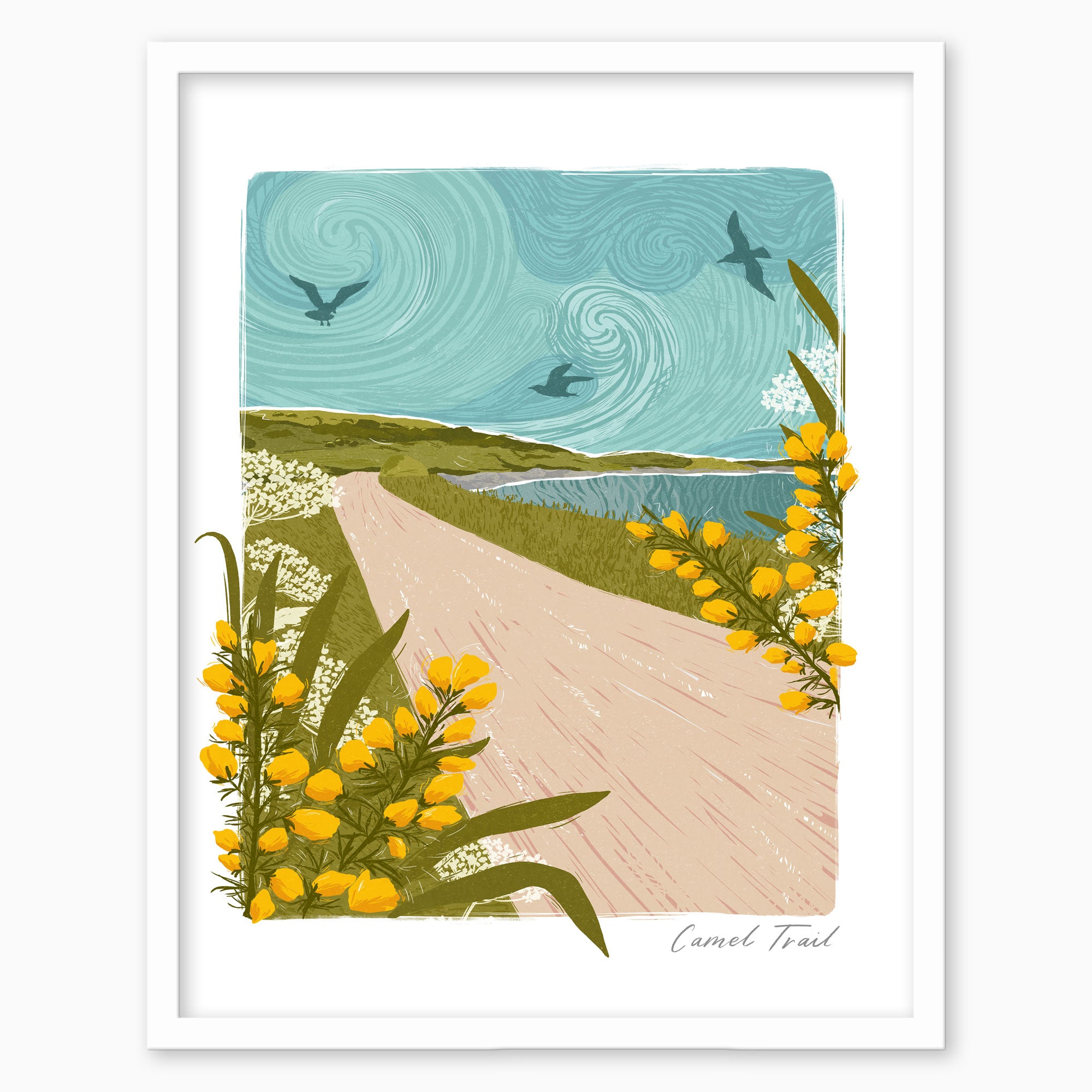 Camel Trail Lino print in a white frame featuring a coastal path, swirling blue sky, birds, and yellow gorse flowers.
