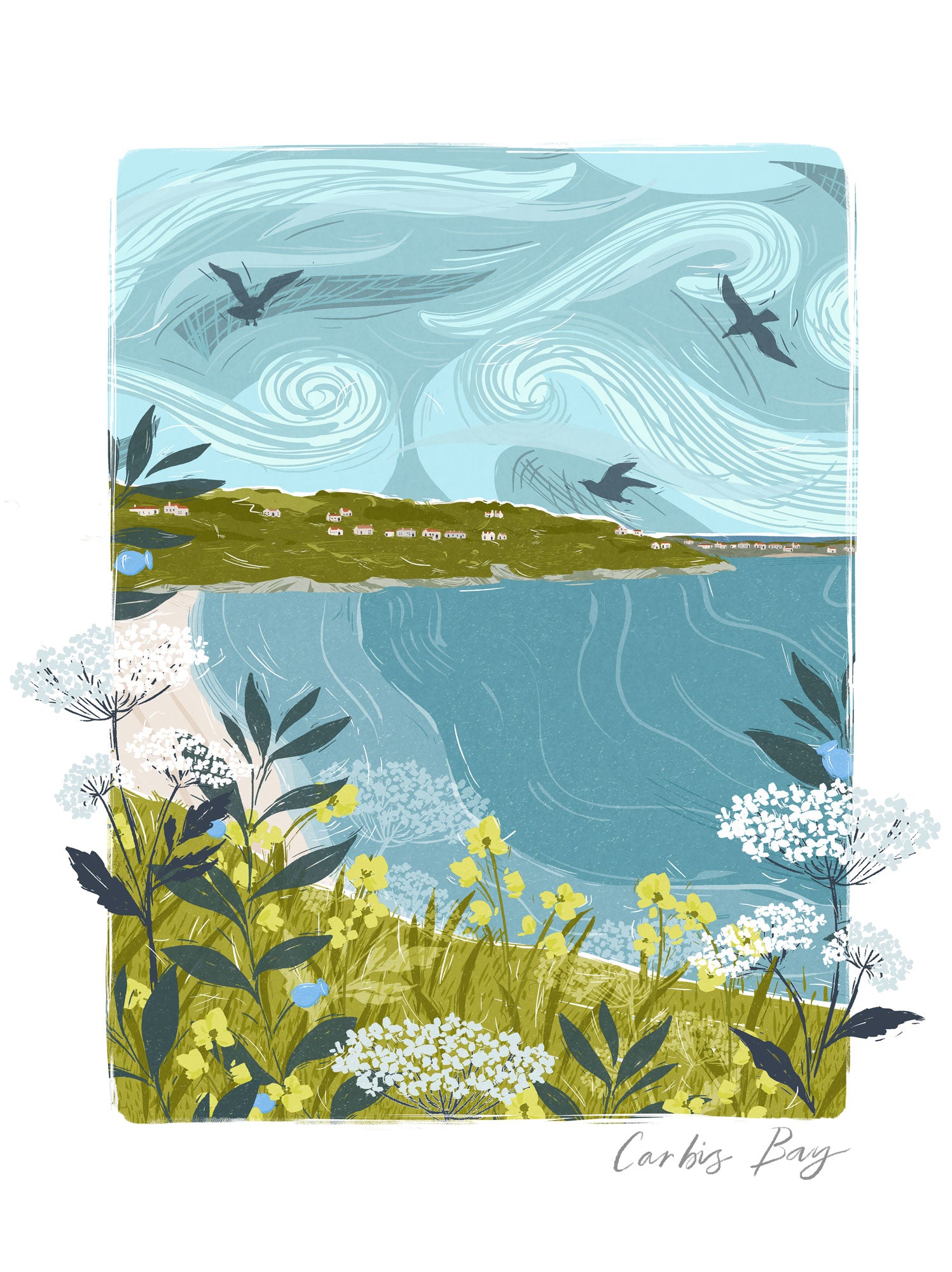 Carbis Bay Lino Framed Print featuring a coastal landscape with blue sea, swirling sky, wildflowers, and flying birds.
