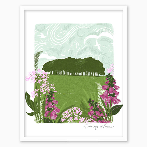 Coming Home Lino framed print featuring pink foxgloves and agapanthus in front of a green meadow and woodland scene.