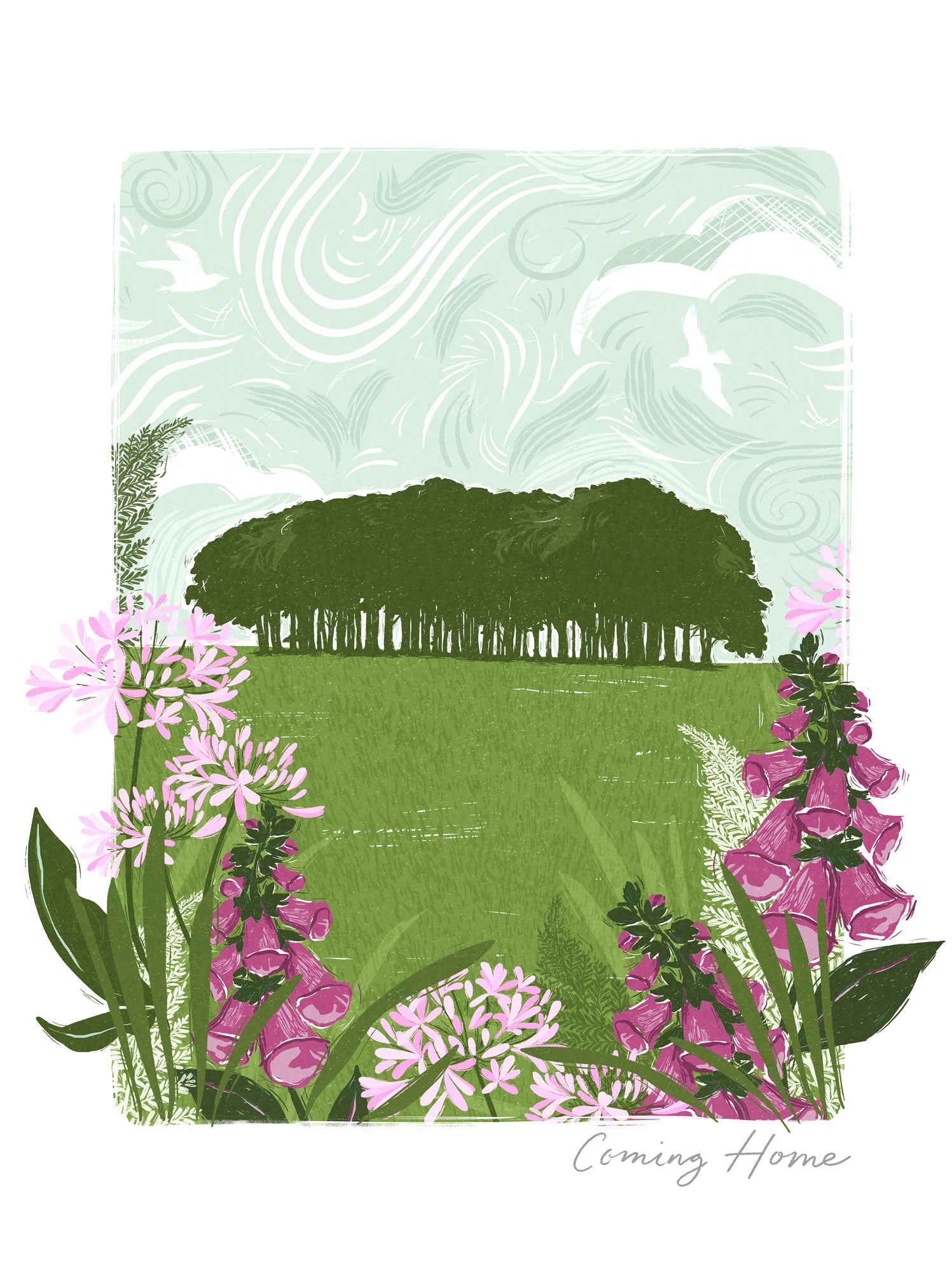 Coming Home lino print featuring a green landscape, trees, and pink foxglove flowers under a swirling pale blue sky.