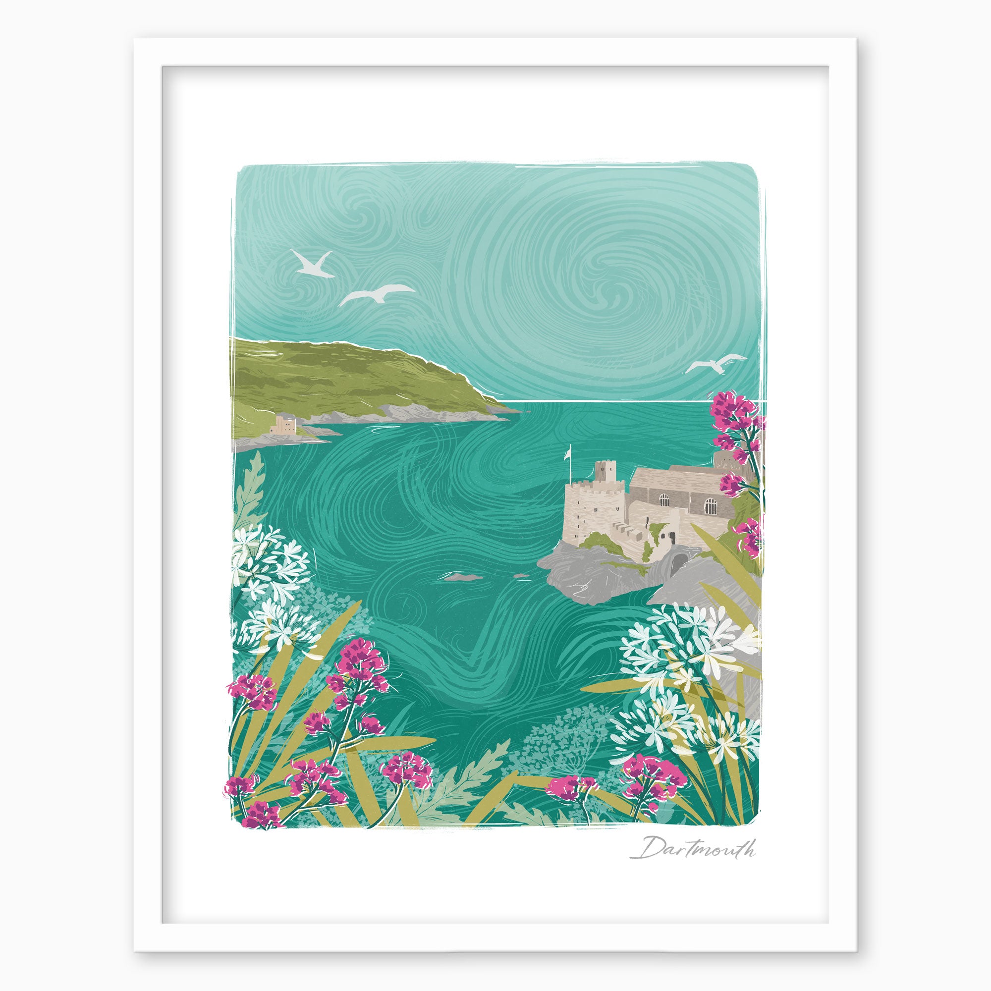 Dartmouth Lino framed print featuring a coastal scene with a castle, turquoise water, and vibrant pink and white flowers.