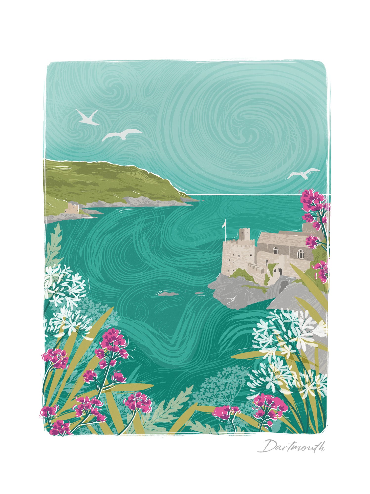 Dartmouth Lino Framed Print featuring a coastal scene with a stone castle, turquoise sea, seagulls, and pink and white flowers.