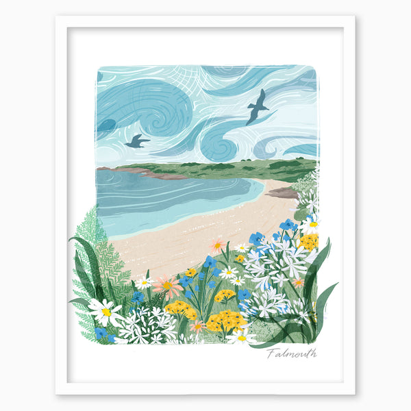 Falmouth Lino Framed Print featuring a coastal scene with blue swirling skies, a sandy beach, and colourful wildflowers.