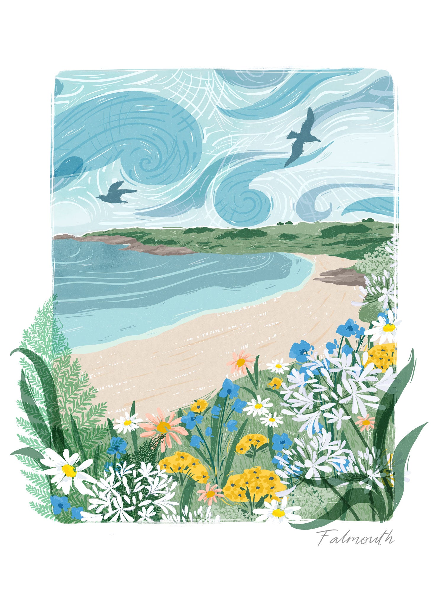 Falmouth Lino Framed Print featuring a coastal beach scene with swirling blue skies, wildflowers, and two birds.