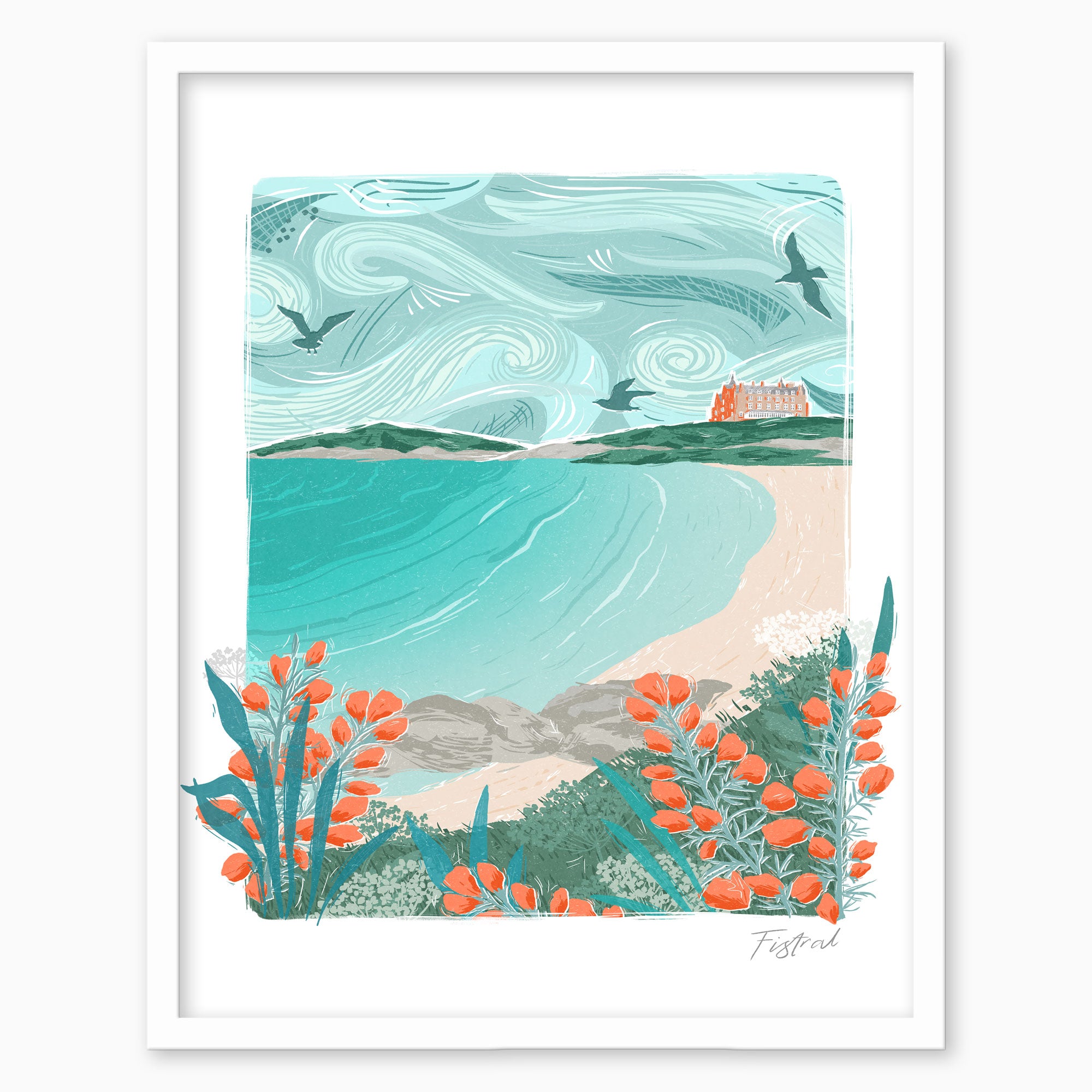 Fistral Lino Framed Print featuring a coastal scene with a turquoise bay, orange flowers, and a hotel in a white frame.