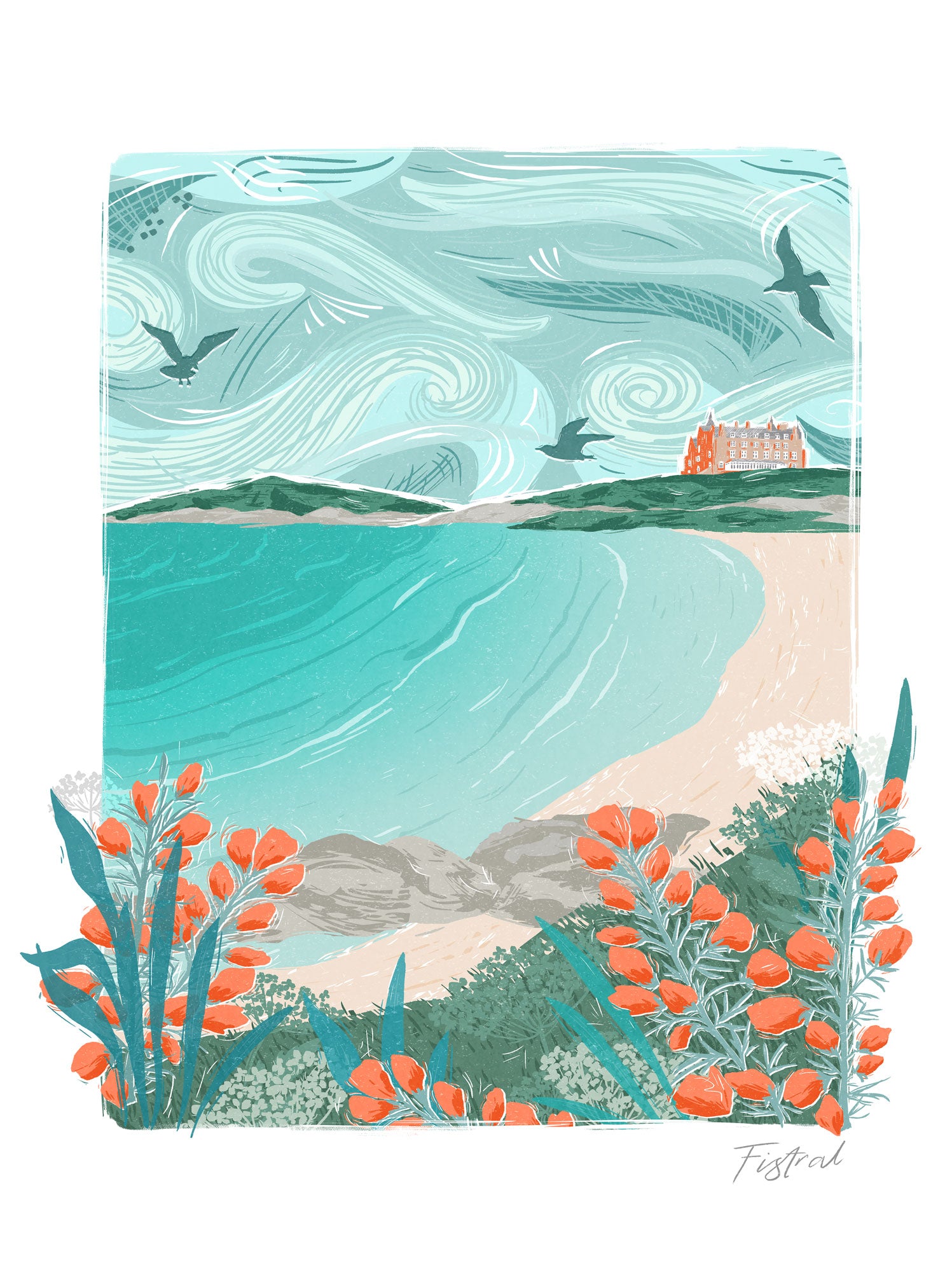 Fistral Lino Framed Print featuring a coastal scene with turquoise sea, sandy beach, orange flowers, and a clifftop hotel.