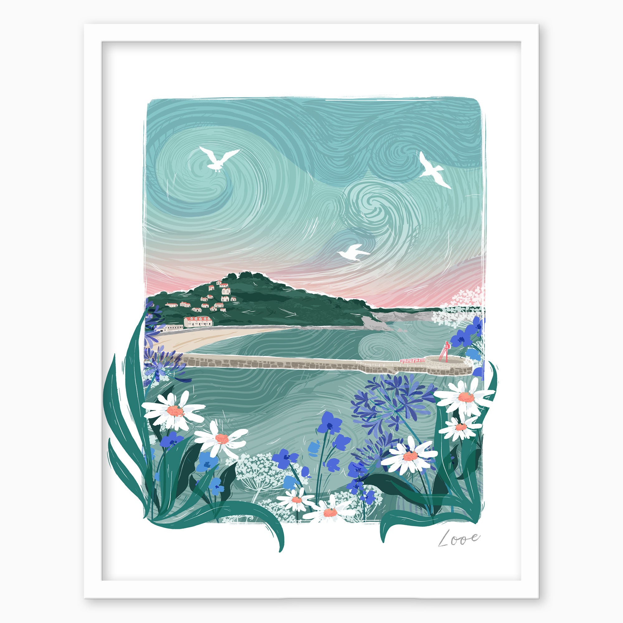 Looe Lino Framed Print featuring a coastal scene with a harbour, sea, and wildflowers in a white frame.