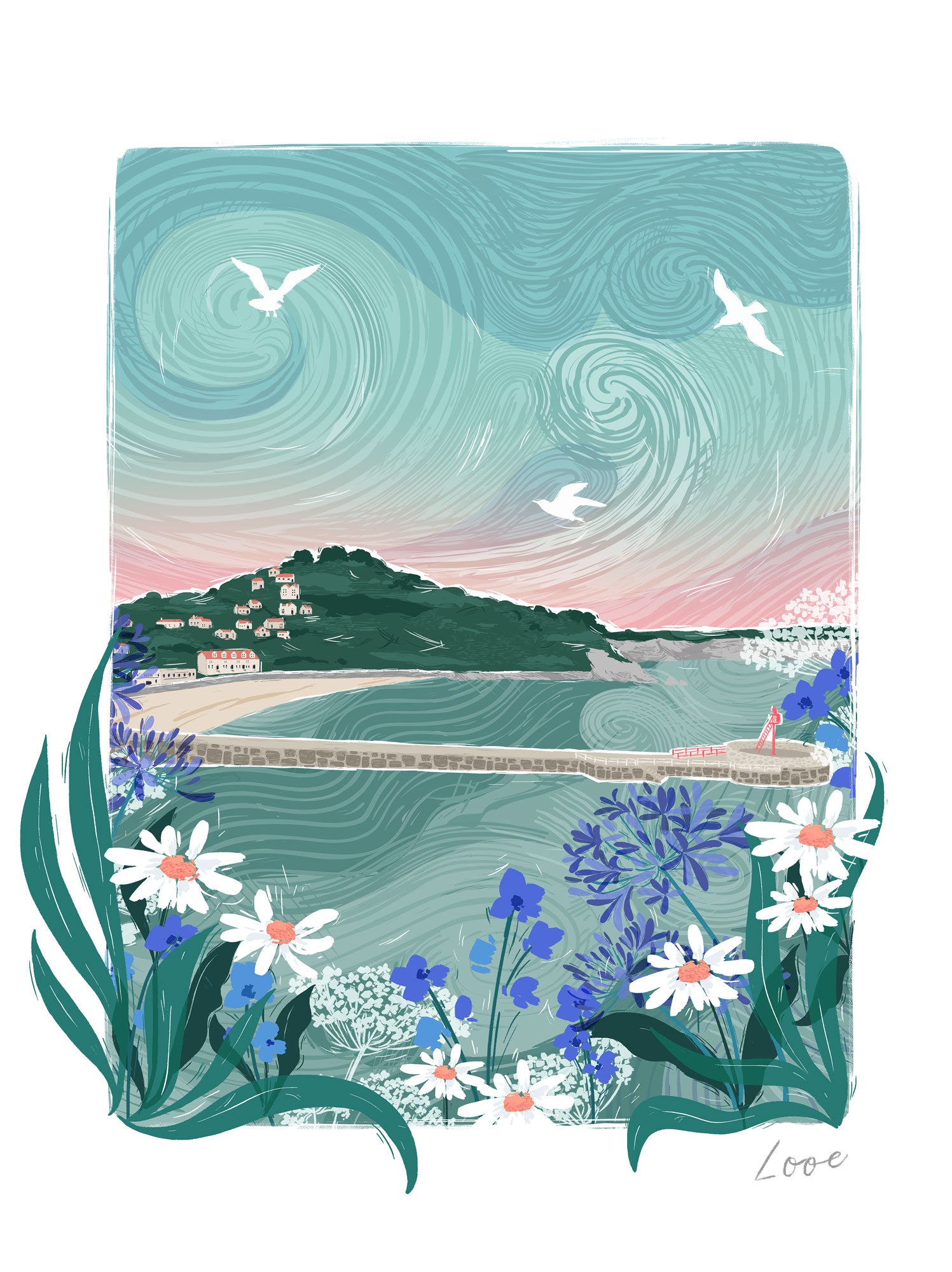 Looe Lino Framed Print featuring a coastal scene with a harbour, white seagulls, and foreground daisies and blue flowers.