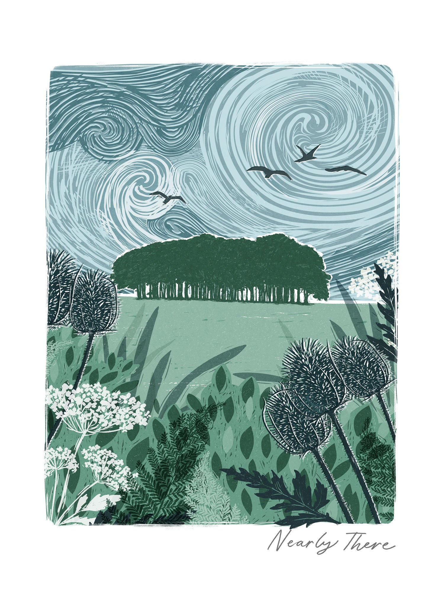 Nearly There lino print featuring a swirling blue sky, green trees, and foreground thistles in a rustic style.