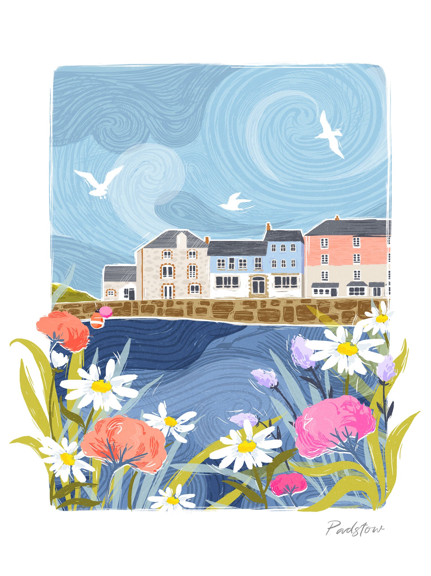 Padstow Lino Framed Print featuring a coastal harbour scene with colourful houses, swirling blue skies, and wildflowers.