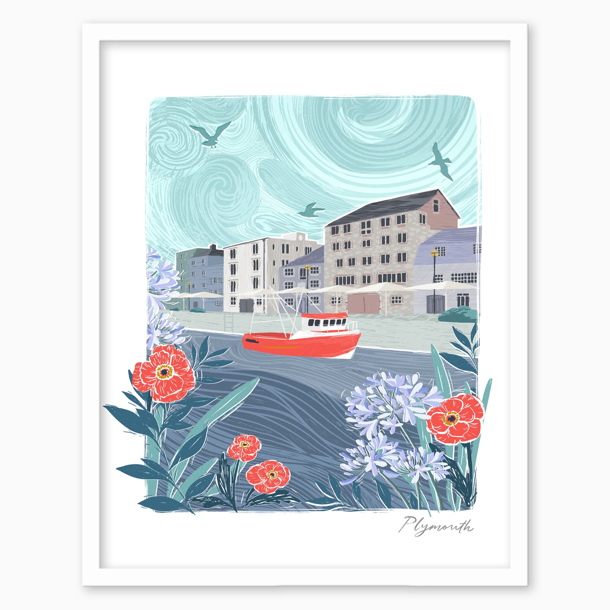 Plymouth Lino Framed Print featuring a red boat in a harbour, surrounded by red flowers and blue agapanthus in a white frame.