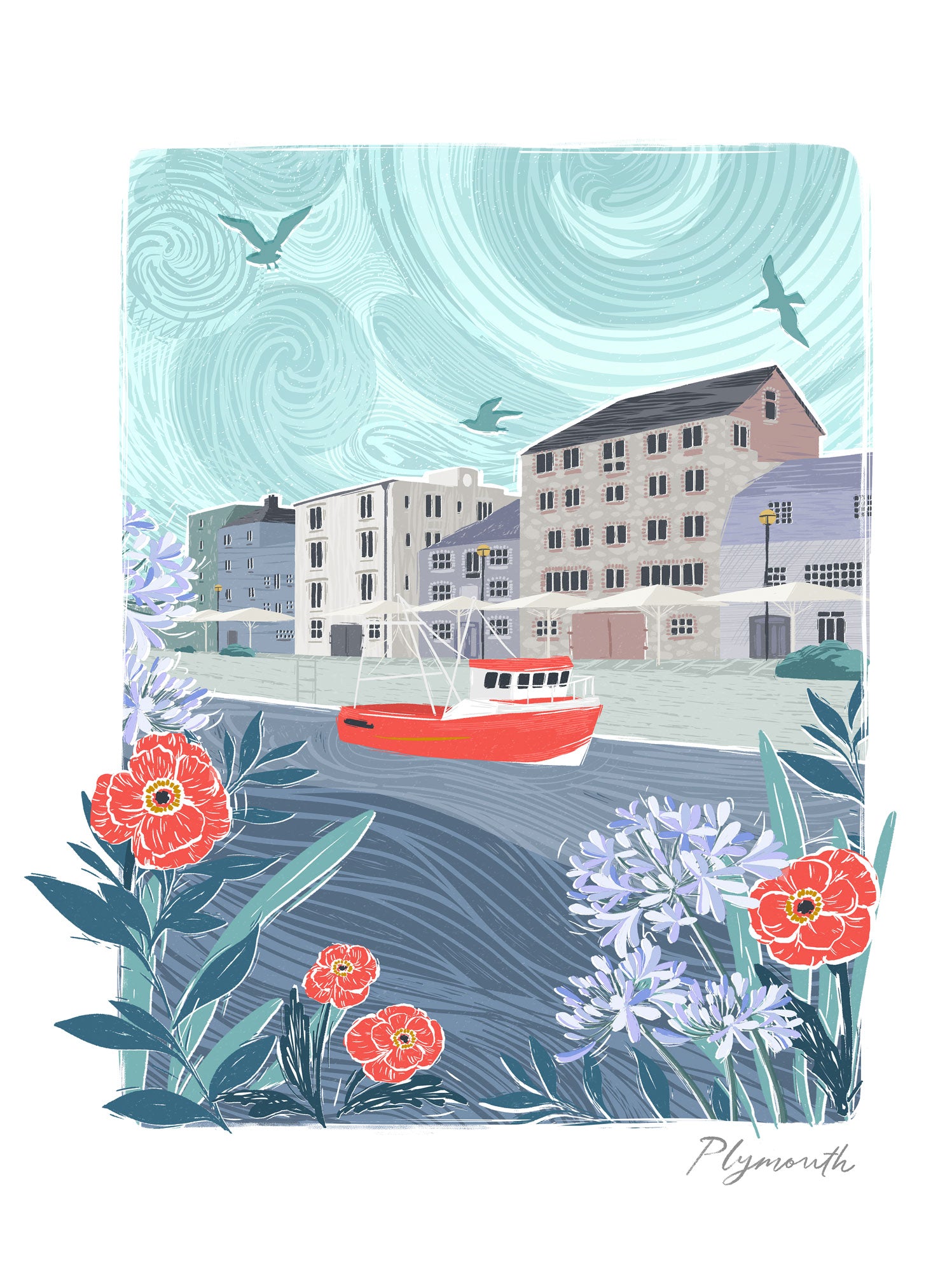 Plymouth Lino Framed Print featuring a red boat in a harbour with stone buildings, seagulls, and colourful floral borders.