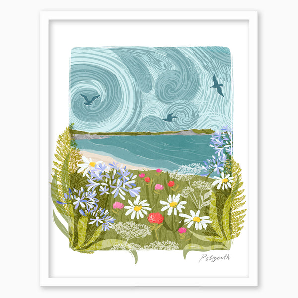 Polzeath lino framed print featuring a coastal scene with swirling blue skies, wildflowers, and birds in a white frame.