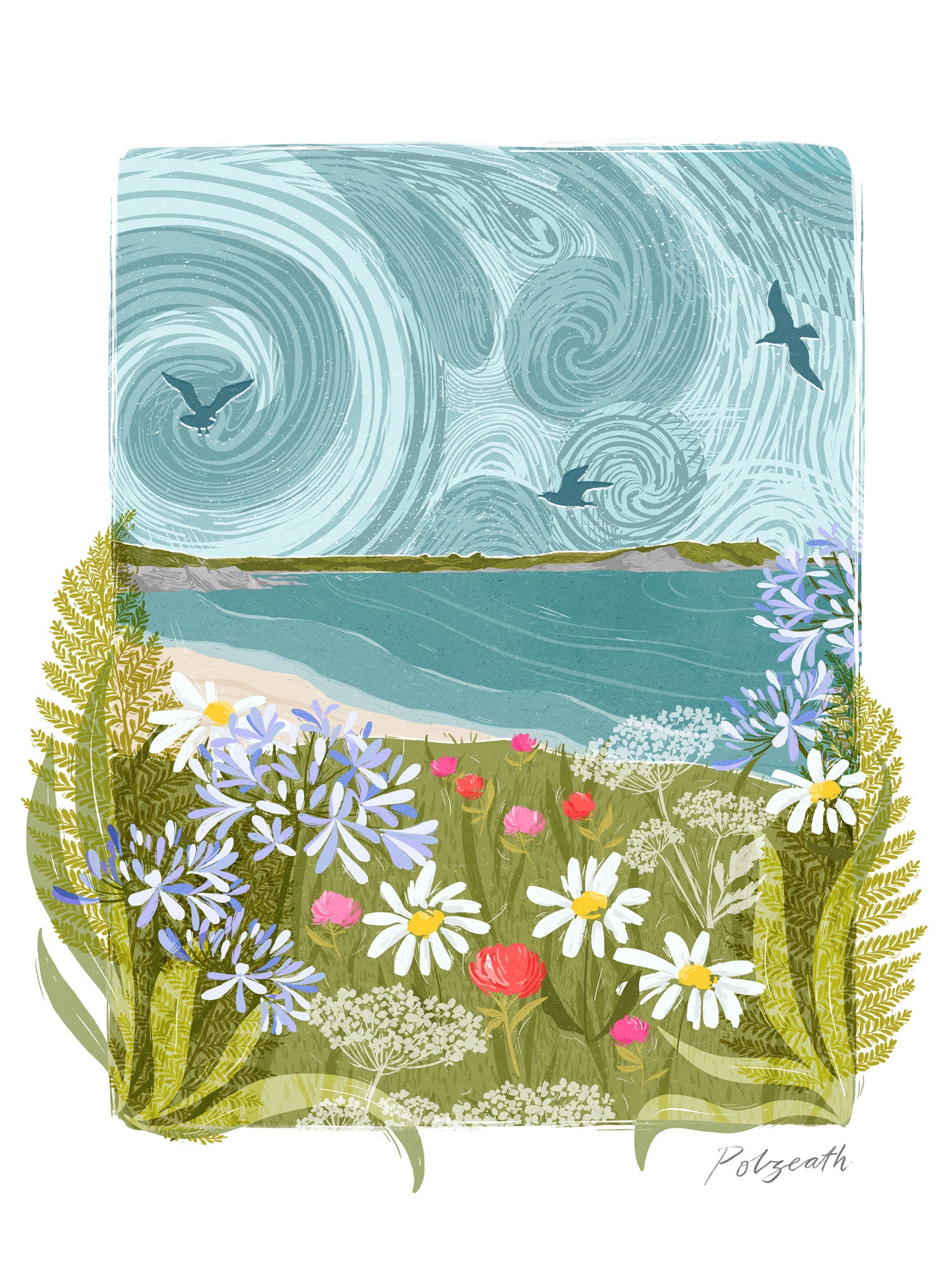 Polzeath lino framed print featuring a coastal scene with wildflowers, swirling blue skies, and birds over the sea.