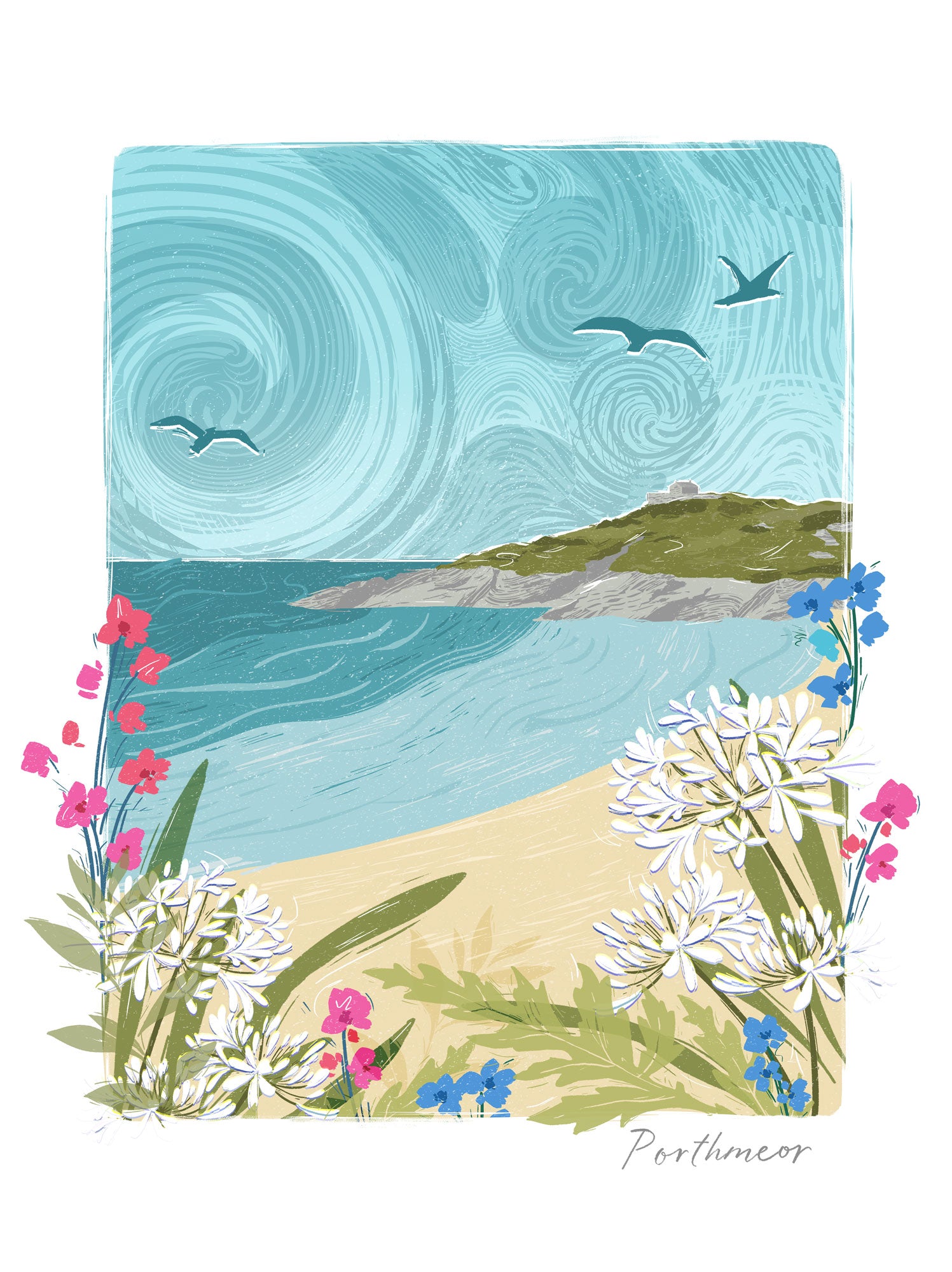 Porthmeor Lino framed print featuring a coastal beach scene with swirling blue skies, seagulls, and colourful wildflowers.
