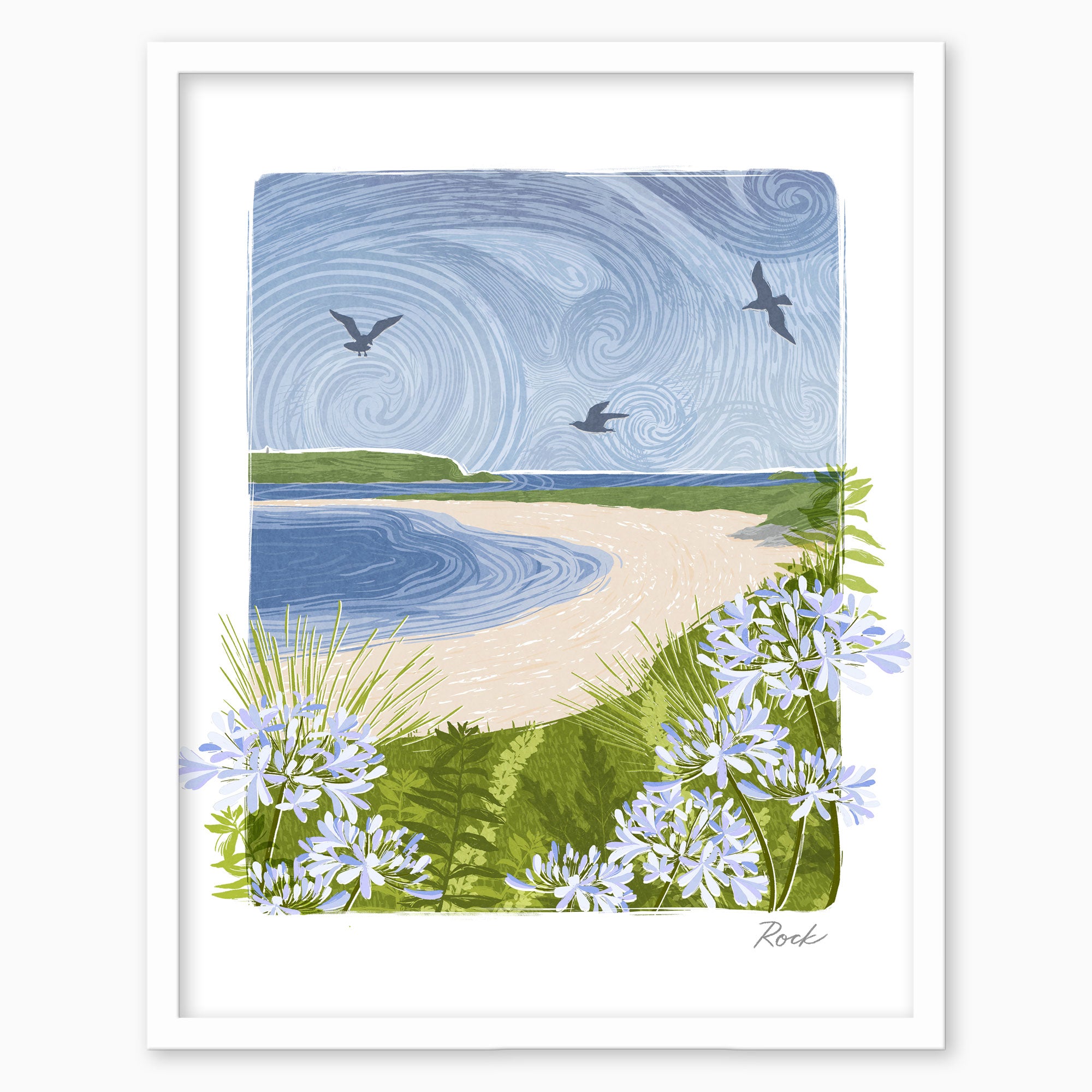 Rock Lino Framed Print featuring a coastal scene with blue flowers, sandy beach, swirling sky, and birds in a white frame.
