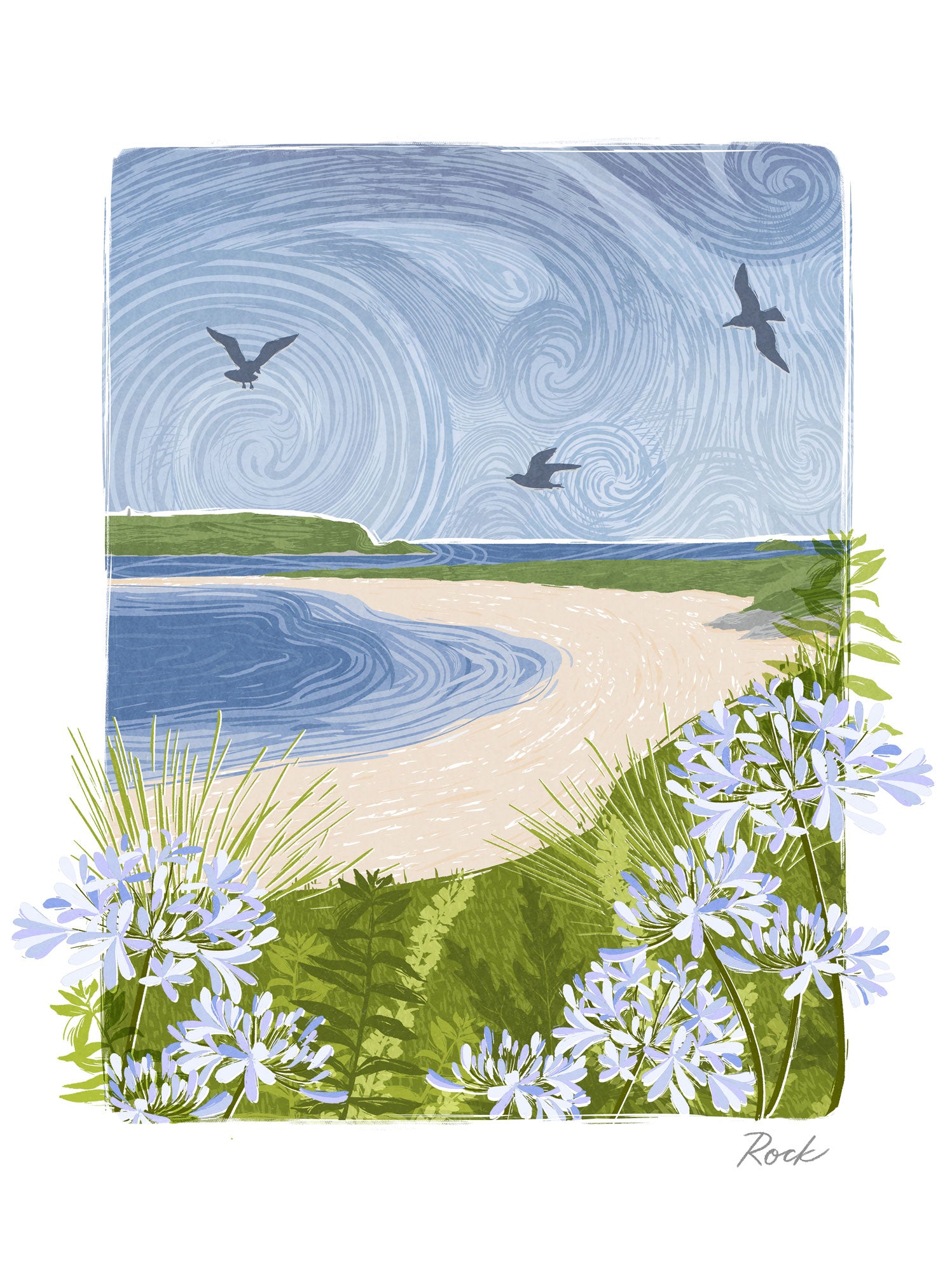 Rock Lino framed print featuring a coastal scene with blue flowers, a sandy beach, swirling sky, and flying seagulls.