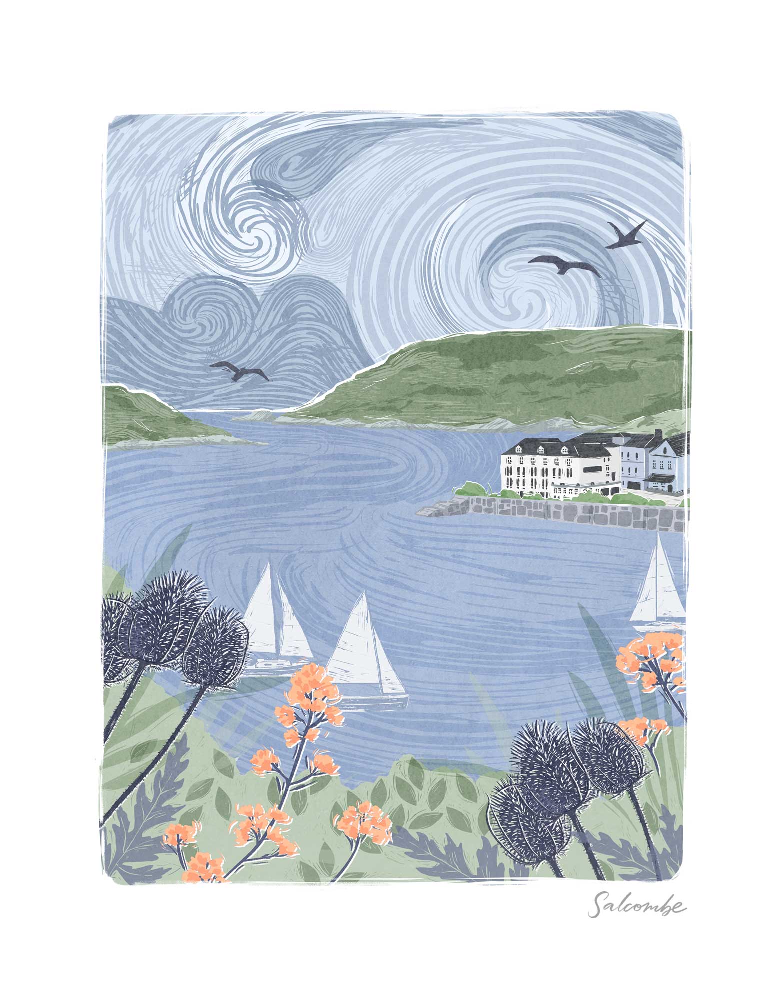 Salcombe lino framed print featuring a coastal scene with sailboats, a harbour town, and orange and dark blue wildflowers.