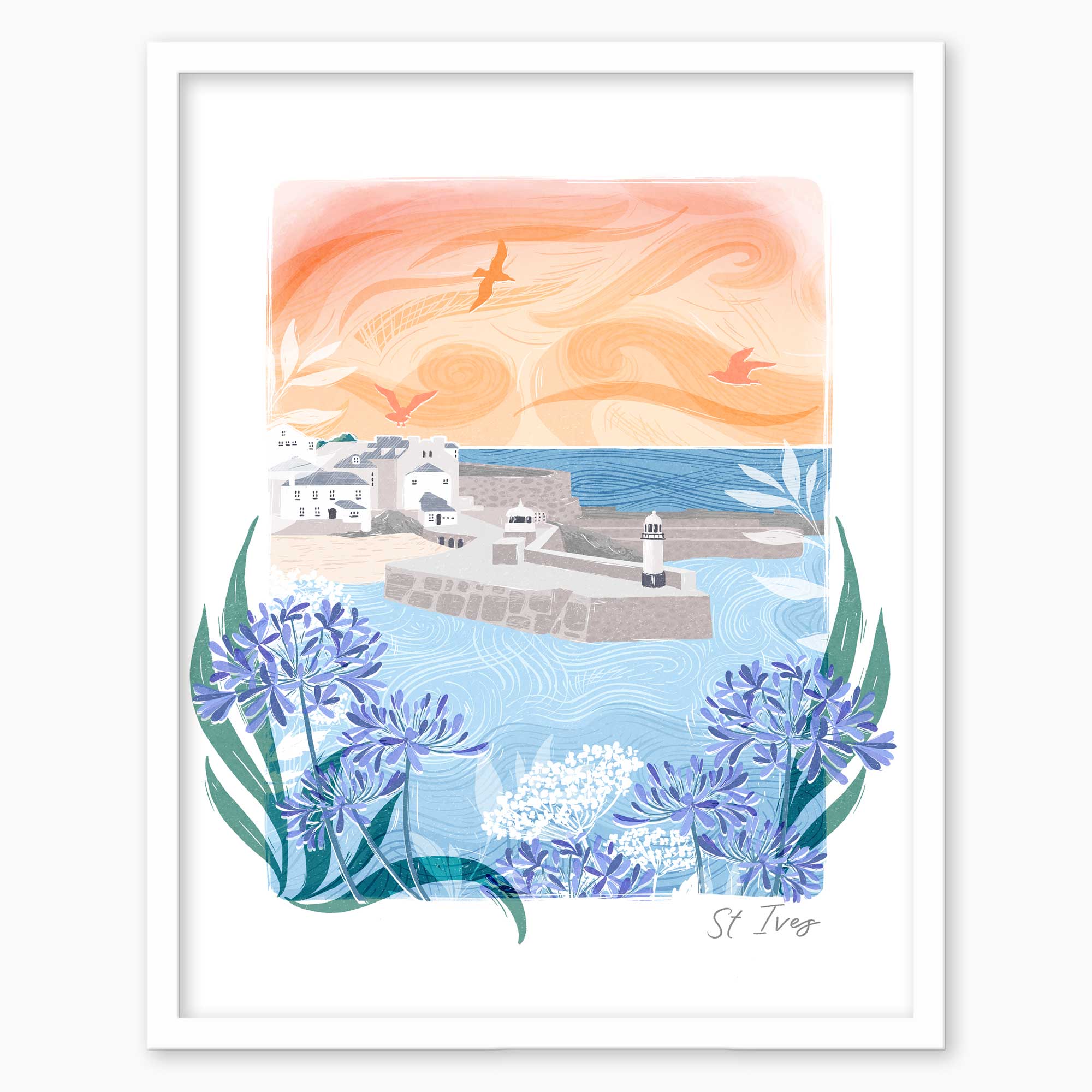 St Ives Lino Framed Print featuring a coastal harbour scene with blue agapanthus flowers in a white wooden frame.