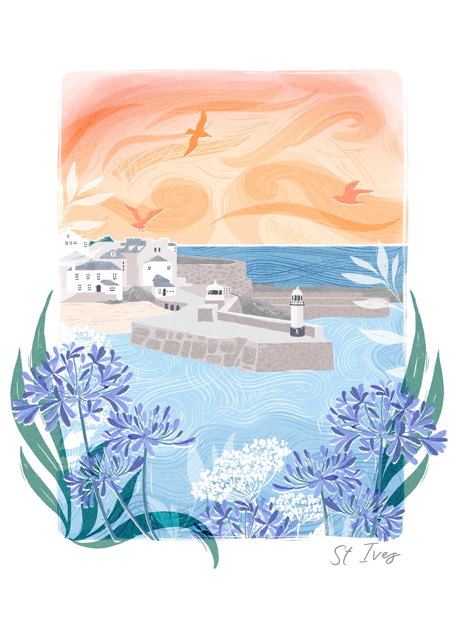 St Ives Lino Framed Print featuring a coastal harbour scene with blue agapanthus flowers, a lighthouse, and sunset sky.