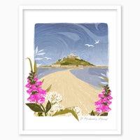 St Michael's Mount lino print in a white frame, featuring pink foxgloves, a sandy causeway, and a swirling blue sky.